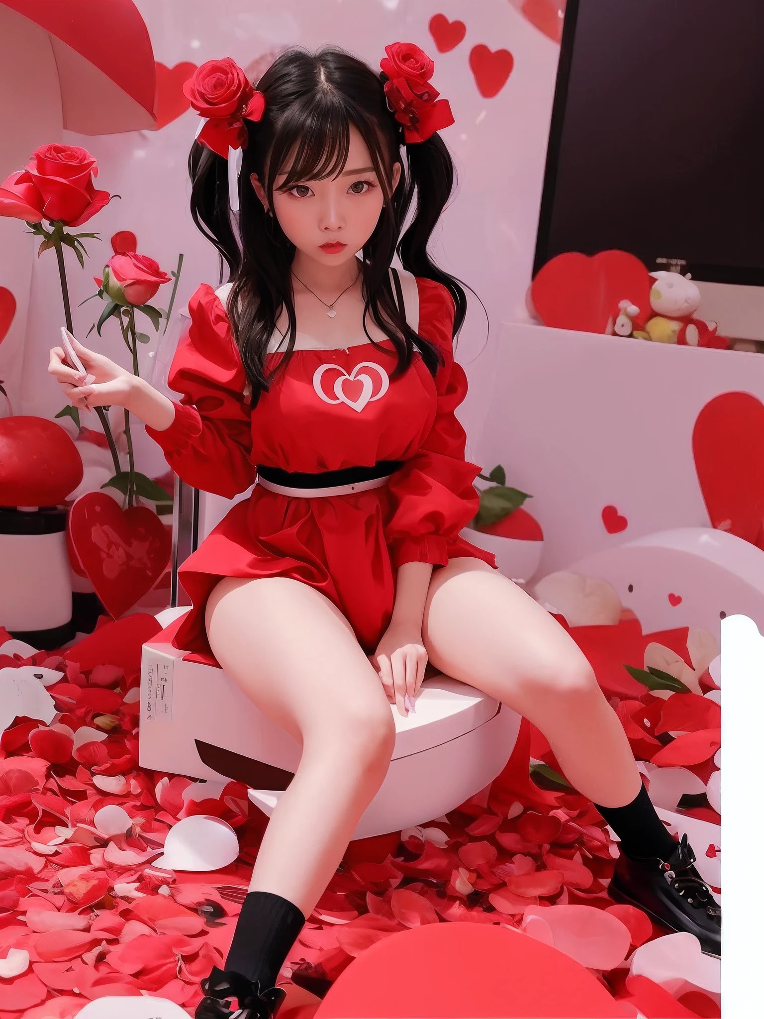 There was a girl sitting on top of a heart-shaped box,There is a ribbon on it, Middle metaverse, ❤🔥🍄🌪, Love moive, 8 k'', product introduction photos, Wang Chen, 🎀 🧟 🍓 🧚, product introduction photos, 5D, 5 d, 💣 💥, Cai Xukun, Large rose petals