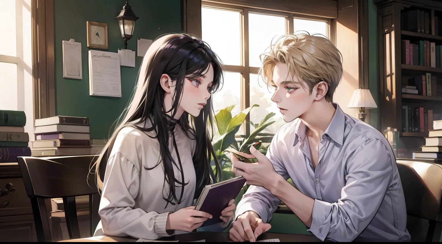 Happy couple, 1 girl 1 boy, different hair color, long black hair and purple eyes, short blonde hair and green eyes, face to face, romantic, casual clothe, bookstore, sitting down, mouth opens, talking to each other, 