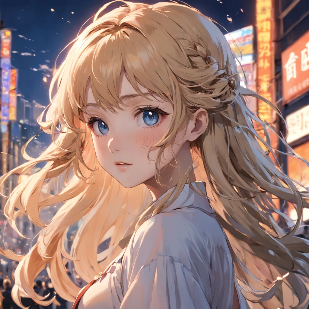 extremely delicate and beautiful girl, retro artstyle, 1990s, faux traditional media, game_cg, front view, focus on eyes, head_tilt, beautiful detailed fullbody, girl,woman,female, young,20 years old, medium hair, wavy hair, wept bangs, eyes visible through hair, blonde hair, long hair flowing with the wind, delicate and delicate face, light smile, bright eyes, parted_lips, outdoors, outdoors, gradient_background, blurry_background, wallpaper, absurdres, very fine 8K CG wallpaper,