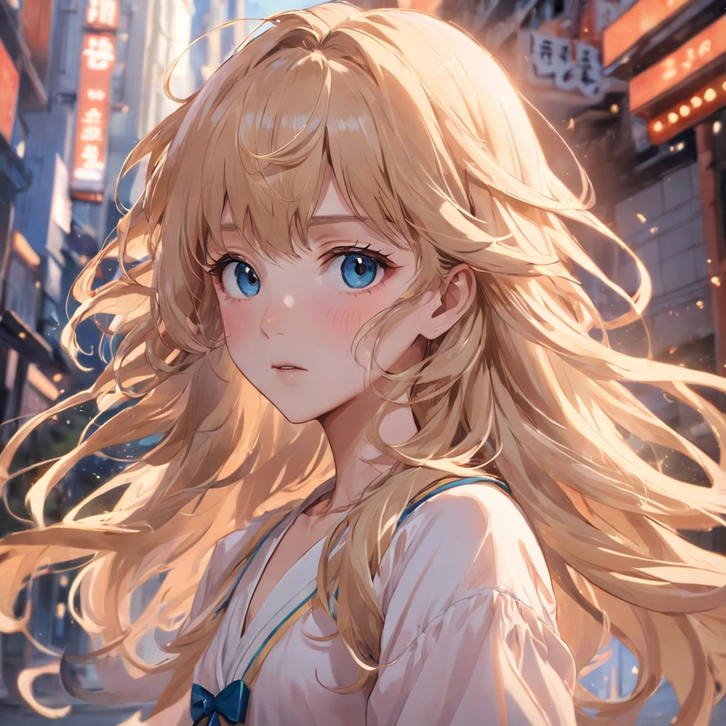 extremely delicate and beautiful girl, retro artstyle, 1990s, faux traditional media, game_cg, front view, focus on eyes, head_tilt, beautiful detailed fullbody, girl,woman,female, young,20 years old, medium hair, wavy hair, wept bangs, eyes visible through hair, blonde hair, long hair flowing with the wind, delicate and delicate face, light smile, bright eyes, parted_lips, outdoors, outdoors, gradient_background, blurry_background, wallpaper, absurdres, very fine 8K CG wallpaper,