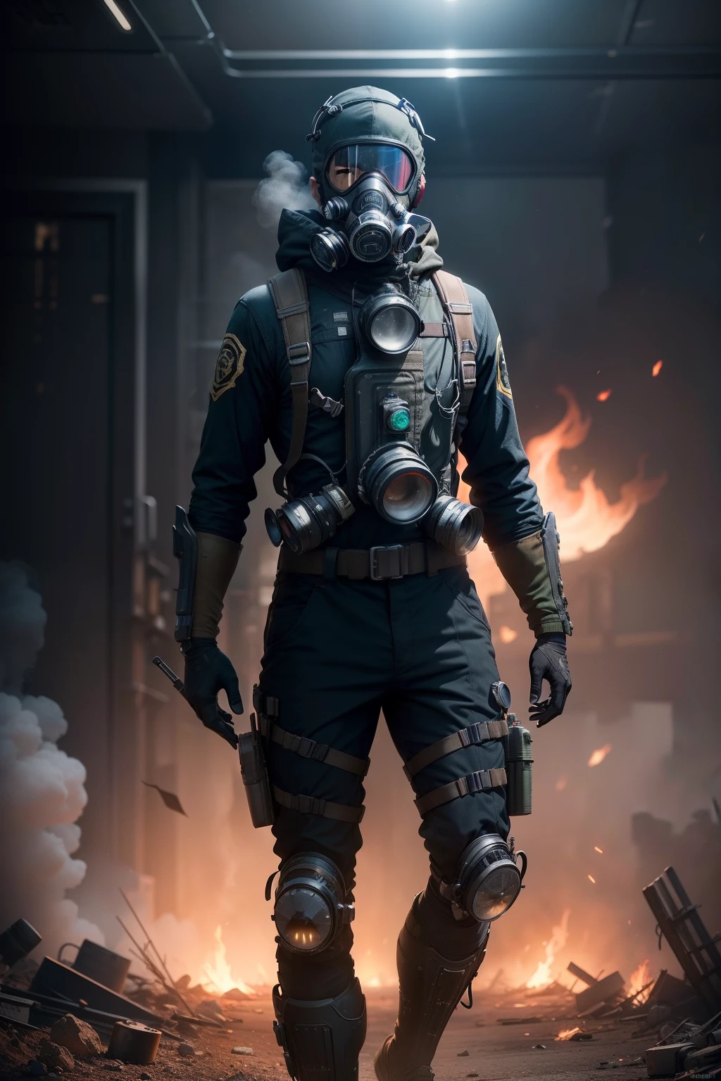 1 guy wearing gas mask, full body character, low angel photography, rich deep bright colors masterpiece, sharp focus, Unreal Engine 5, Cinematic, Perfect color grading, Hyper-detailed, insanely details, Intricate details, editorial photographyMe, transparent background