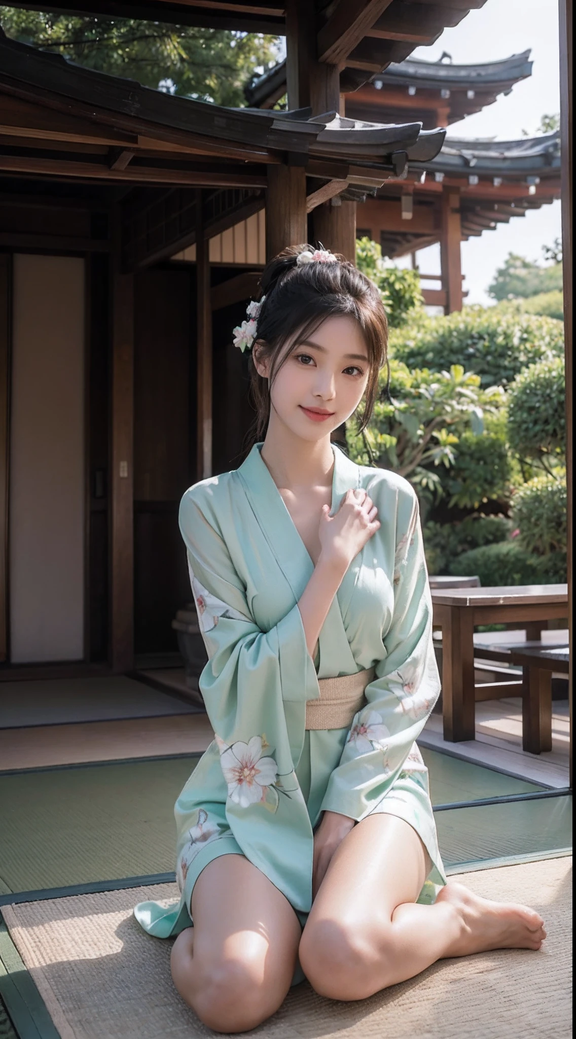 (Photorealsitic:1.4), (Top image quality:1.0), (超A high resolution:1.0), 8K, Raw photography, (​masterpiece:0.2), (pureerosface_v1:0.5)、(Best Quality Detail:1.2)、realisitic、8K UHD、hight resolution、(1girl in:1.2)、The ultra-detailliert、High quality textures、intricate detailes、detaileds、Very detailed CG、High quality shadows、Detail Beautiful delicate face、Detail Beautiful delicate eyes、depth of fields、Ray traching,1girl in, japanaese girl, Cute, slender, Green kimono, Kimono with Japanese pattern,Floral scrunchie, Beautiful skin, Facing the front,Sit down, Sit upright and say thank you,Align your hands elegantly,Smile faintly The Land of Japan,Japanese garden,Luxury Japanese-style room, skyporn, Magic Hour, (Realistic:1.3), Finely detailed, quality, (masutepiece:1.2), (Photorealistic:1.2), (Best Quality), (Intricate details), Dramatic, Ray tracing, photograph, +Lola