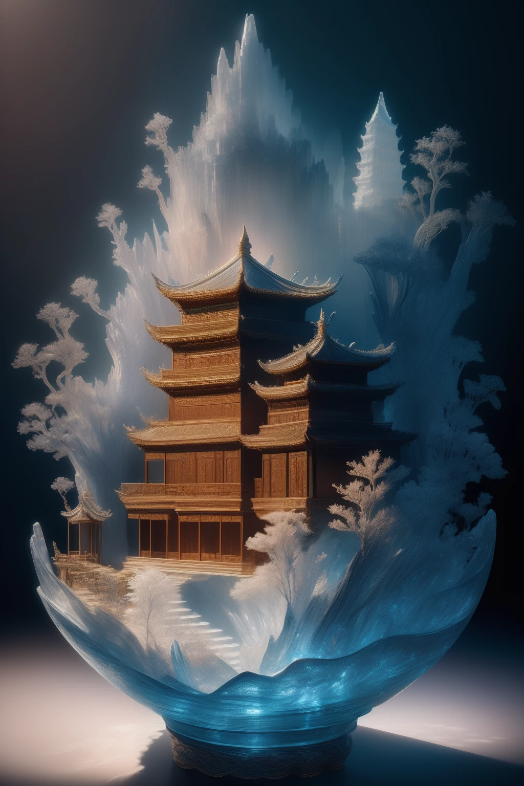 best quality, realistic, photorealistic, ultra detailed, Miniature landscape,Chinese architecture,Immortal Mansion, highly detailed carving on "southern ice" porcelain, Ultra wide angle,Accent Lighting,Volumetric Lighting,backlighting, (detailed light),((an extremely delicate and beautiful)),dramatic_shadow,ray_tracing,hdr