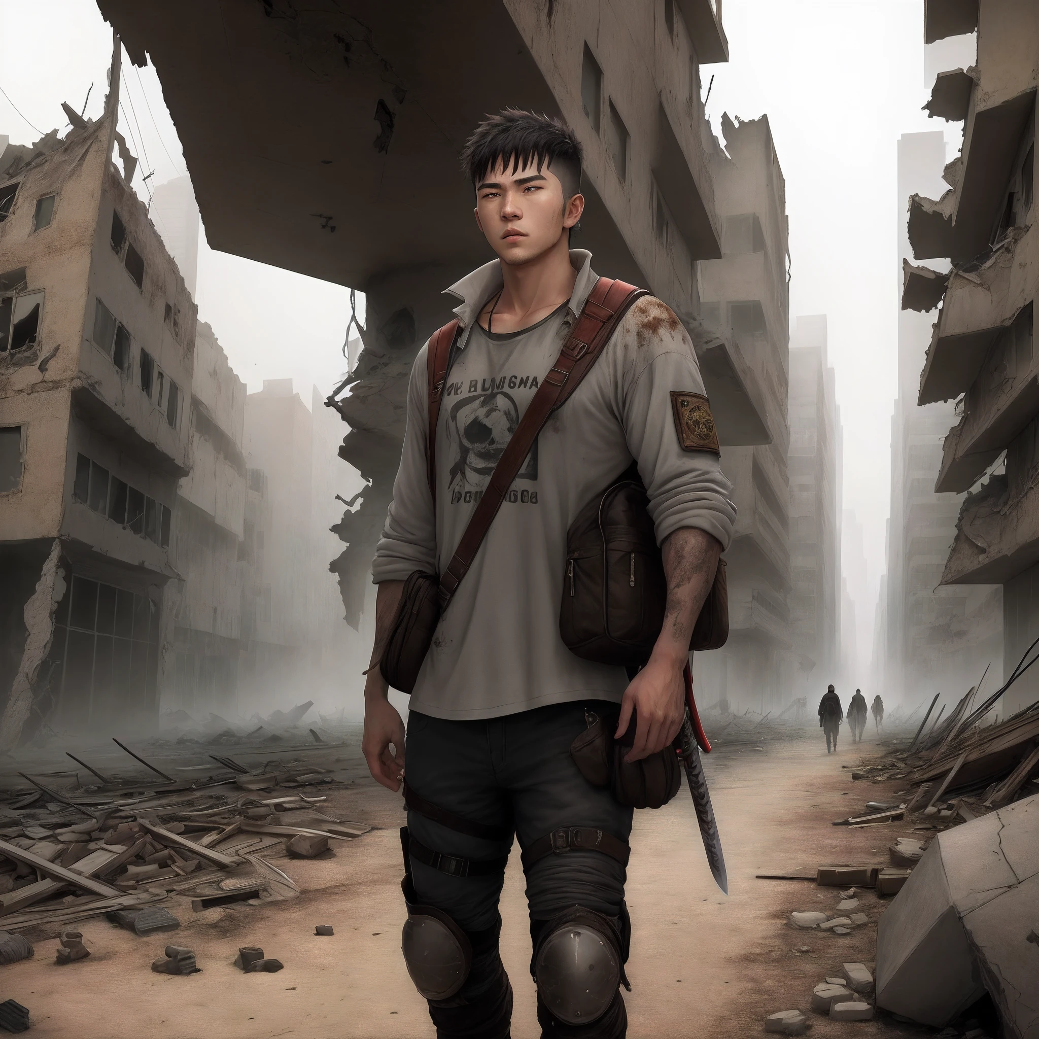A man in high definition living in a world in ruins,Post-apocalyptic world, all that he possesses is with him a, uma mochila, uma espingarda, a katana sword despite not being oriental. Ele anda pensando como sobreviver. What will become of him ? Will there be a future ?