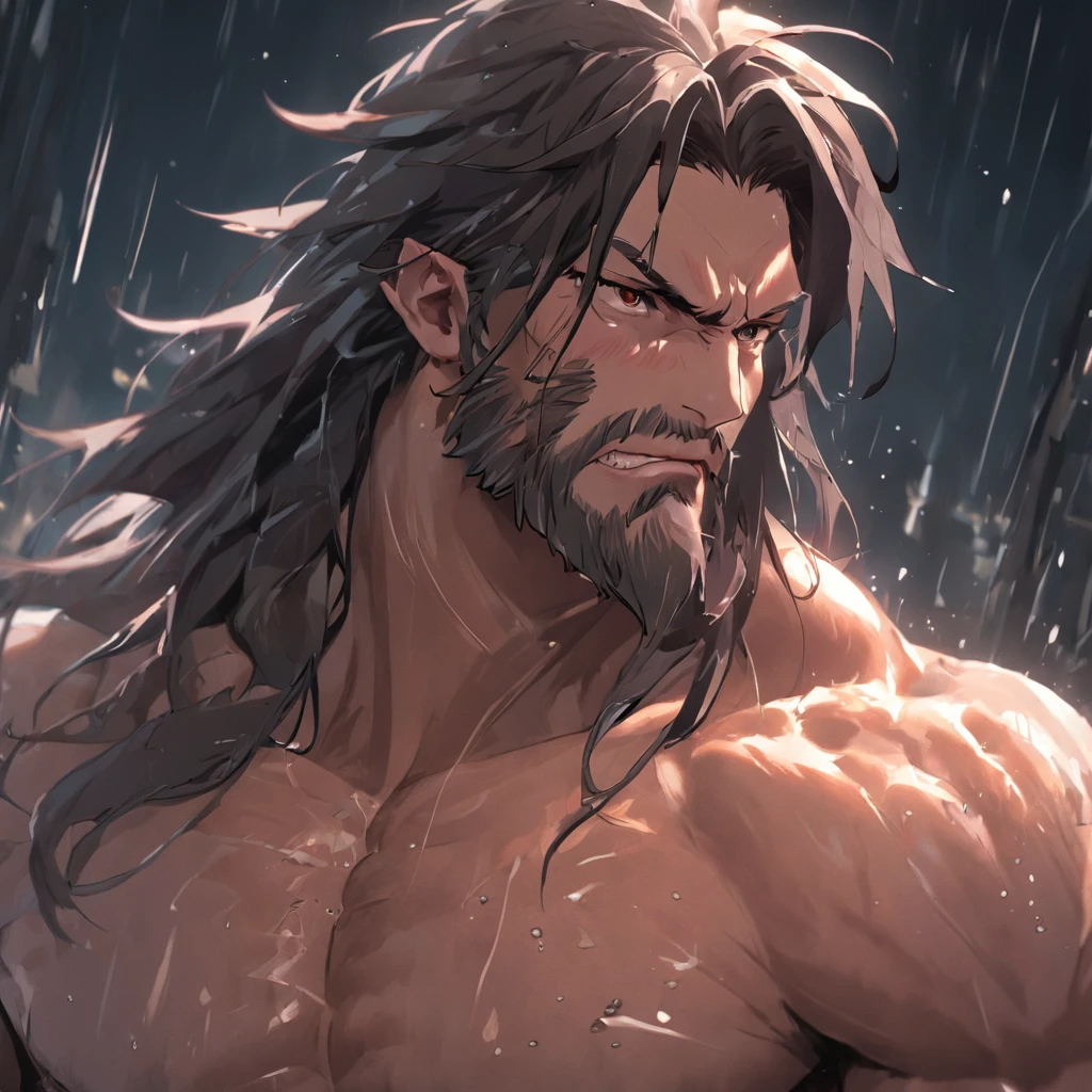 Muscular man with a poor face, black man with long hair and eyes with tears 