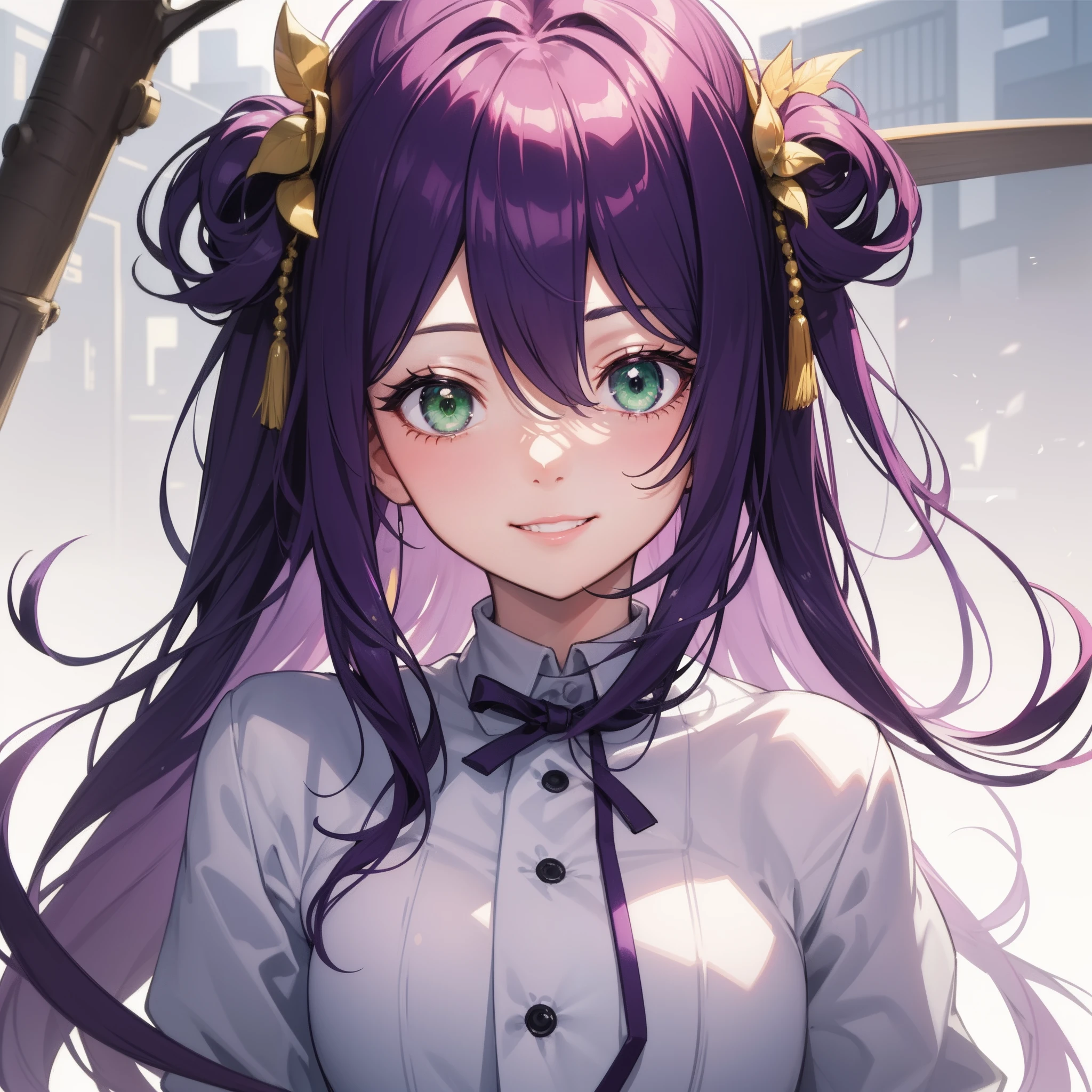 A beautiful girl staring at the camera in tokyo, smiling,purple hair,green eyes
