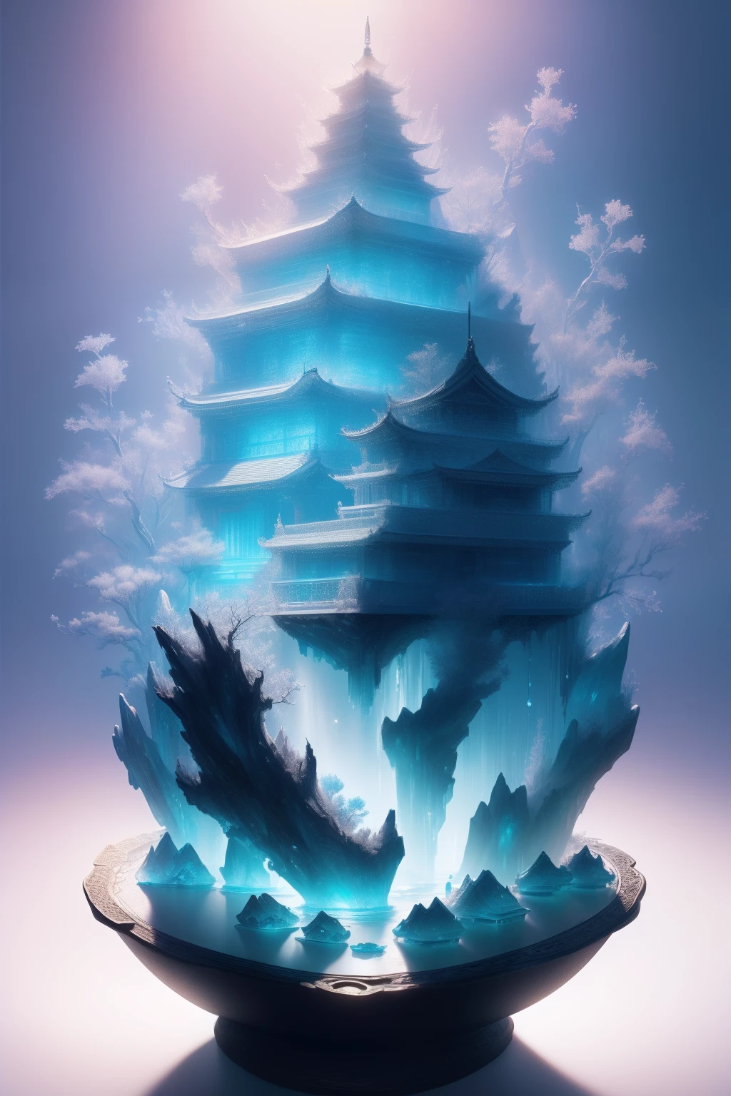 best quality, realistic, photorealistic, ultra detailed, Miniature landscape,Chinese architecture,Immortal Mansion, highly detailed carving on "southern ice" porcelain, Ultra wide angle,Accent Lighting,Volumetric Lighting,backlighting, (detailed light),((an extremely delicate and beautiful)),dramatic_shadow,ray_tracing,hdr