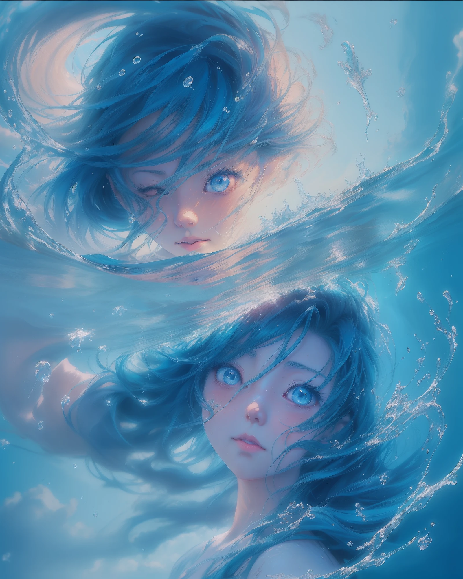 anime girl in the water with her eyes closed, wallpaper anime blue water, detailed digital anime art, makoto shinkai cyril rolando, anime art wallpaper 4k, anime art wallpaper 4 k, blue sea. by makoto shinkai, in water, floating under water, anime girl walking on water, clean detailed anime art, beautiful anime artwork, submerged in water