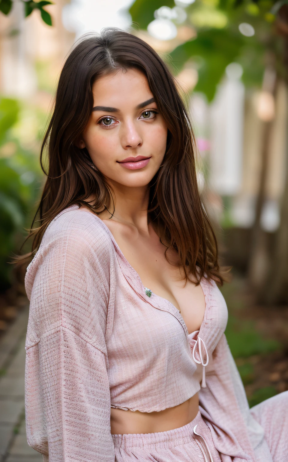 cute beautiful brunette, wearings an entire pijama ,full body, perfect angle, very detailed, 24 years old, flirty face, messy long hair, brown eyes, high-res, masterpiece, best quality,intricate details, highly detailed,sharp focus, detailed skin,realistic skin texture,texture, detailed eyes, professional, 4k, smile, shot on Canon, 85mm,shallow depth of field,kodak vision color, eyeshadow, extremely detailed, photo_\(ultra\), photorealistic, realistic, post-processing, max detail, roughness, real life, ultra realistic, photorealism, photography, 8k uhd, photography, braless, pokies