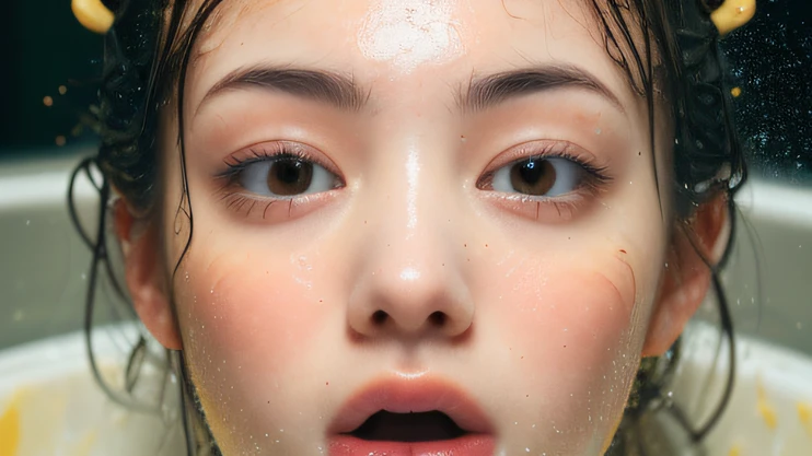 ((top quality, 8k, masterpiece: 1.3)), woman (naked in hot springs), sweating, water droplets on forehead of face, outdoors, background urban cityscape, overhead camera, sharp focus: 1.2, cute woman: 1.4, (((layered haircut)), (white shirt), very detailed face and skin and hair texture, knotted black hair, wet texture hair, wet body, detailed eyes, Double eyelids, white skin, beautiful legs, beautiful delicate nose, cute young Japan woman, 28 years old, with dynamic angles, it is pleasing to the eye and suggestive composition, while emphasizing the subject's hair, eyes, mouth and action, while exuding melancholy emotions characterized by a contrasting mix of calm tones and light and shadow.