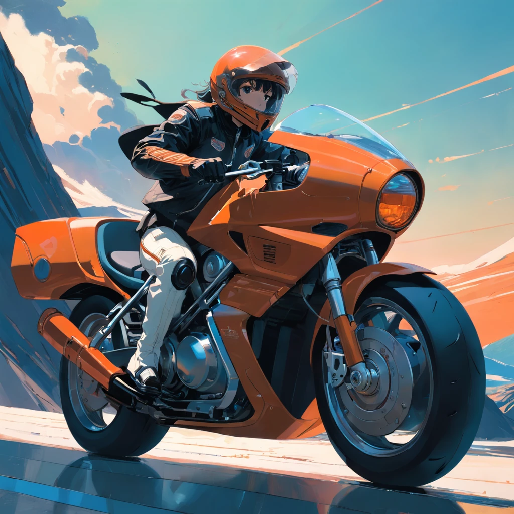 Style Reference: This masterpiece should be executed in the style of Syd Mead, celebrated for his futuristic and imaginative design work. The image should be extremely detailed, capturing the sleekness of the motorcycle, the dynamic motion of the black rider, and the breathtaking cosmic landscape.