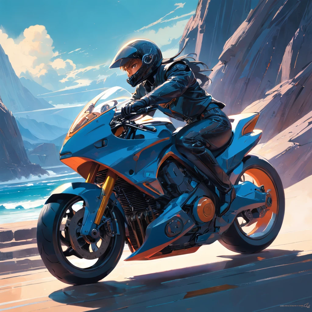 Style Reference: This masterpiece should be executed in the style of Syd Mead, celebrated for his futuristic and imaginative design work. The image should be extremely detailed, capturing the sleekness of the motorcycle, the dynamic motion of the black rider, and the breathtaking cosmic landscape.