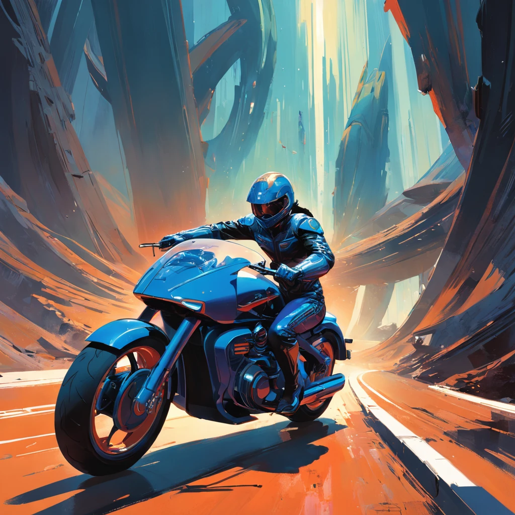 Style Reference: This masterpiece should be executed in the style of Syd Mead, celebrated for his futuristic and imaginative design work. The image should be extremely detailed, capturing the sleekness of the motorcycle, the dynamic motion of the black rider, and the breathtaking cosmic landscape.