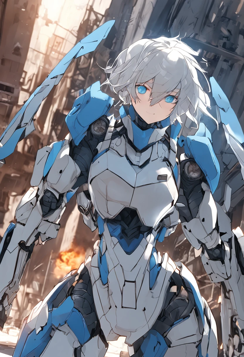 beautiful detailed blue eyes,expressionless,hair fluttering in the wind,dusk,solo,best quality;highly detailed,mechanical arm armor,air force fleet in the sky,bodysuit,mechanical body armor,burning cars,clothes,highres,ruins of city in war,burning buildings,light blush,white hair,riding motor,bird see,fire