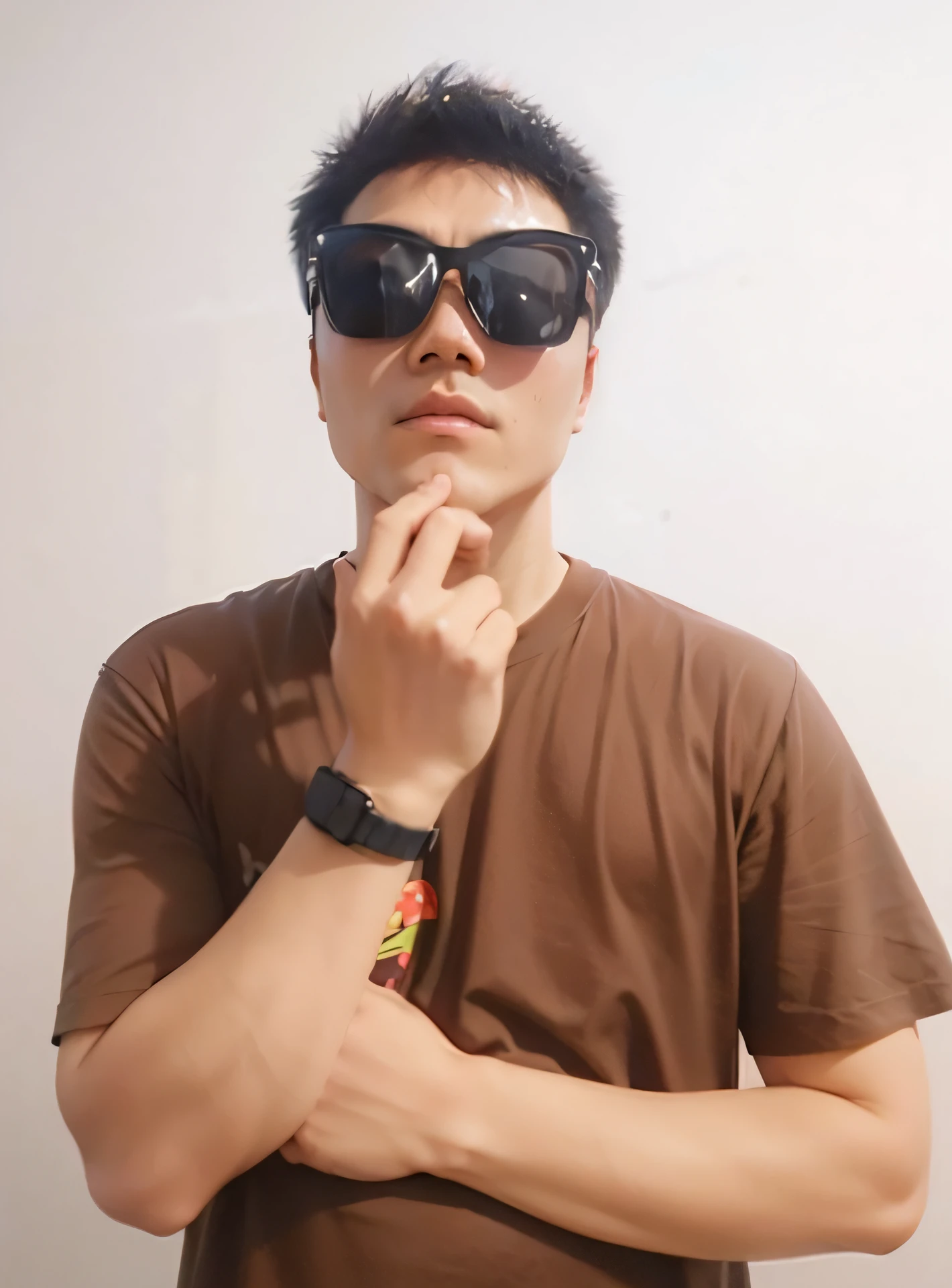There was a young Chinese man wearing sunglasses and a brown shirt, with sunglass, Wearing sunglasses, With sunglasses, wearing big black circle glasses, Wearing cool sunglasses, looking heckin cool and stylish, with a cool pose, wearing glack glasses, with accurate face, Thick sunglasses, profile picture 1024px, Abrasion rays - the use of glass is prohibited, Shot in cyberpunk style on the Nikon Z9