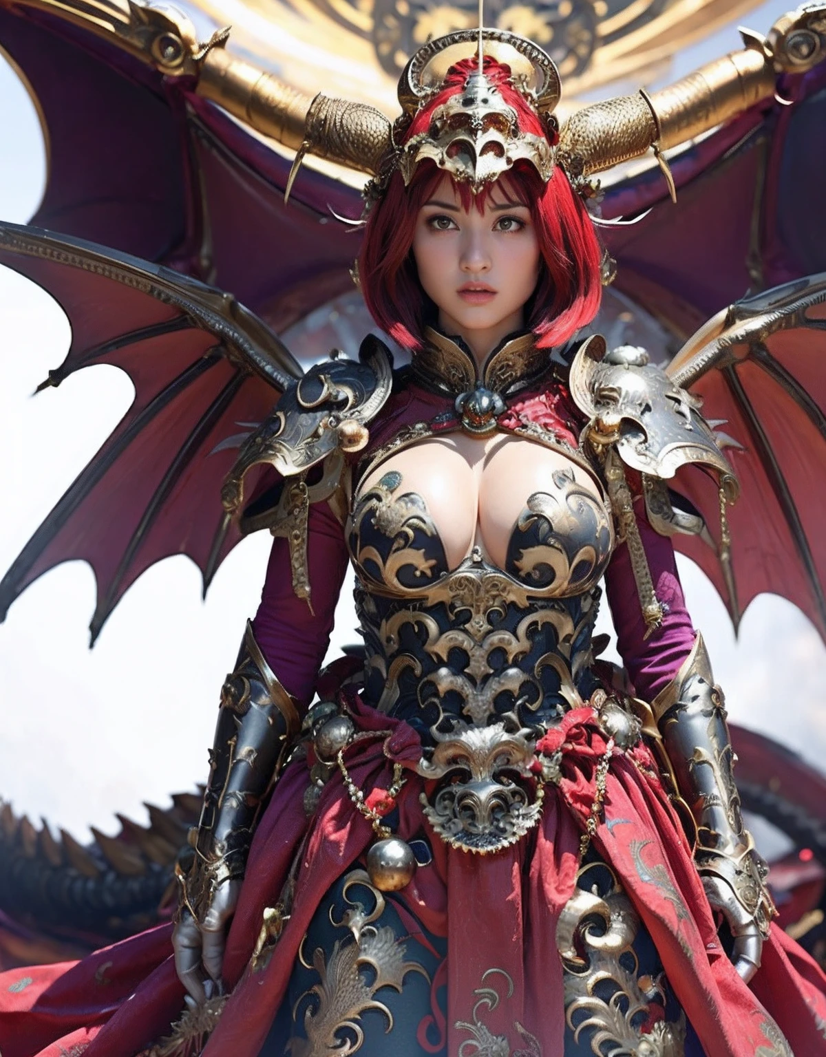 Professional , masterpiece、top-quality、photos realistic , depth of fields 、(Dragon Red Metal Body:1.9),(Enamel purple、(cleavage of the breast)、Mystical expression、Dragon Gold Weapon、(Red Micro Bikini Armor:1.4),Gorgeous gold weapons ,(( Dragon's dense and gorgeous sword)) , (demonic wings)、((a blond))、(Castle background)、((Gangle's forest background))、((Fight dragons))、Beautiful Caucasian beauty、1a person、dynamic ungle,(((Detailed and ornate dragon helmet)))、Smaller head、A smile、Castle background、Thin and beautiful female hands、cleavage of the breast、Soldier in iron armor on background、Mystical expression、Light Effects、intense fighting、Wind-effect、magic circles、With the legendary magic wand、Dragon's tail、explosions、Anatomically correct body、