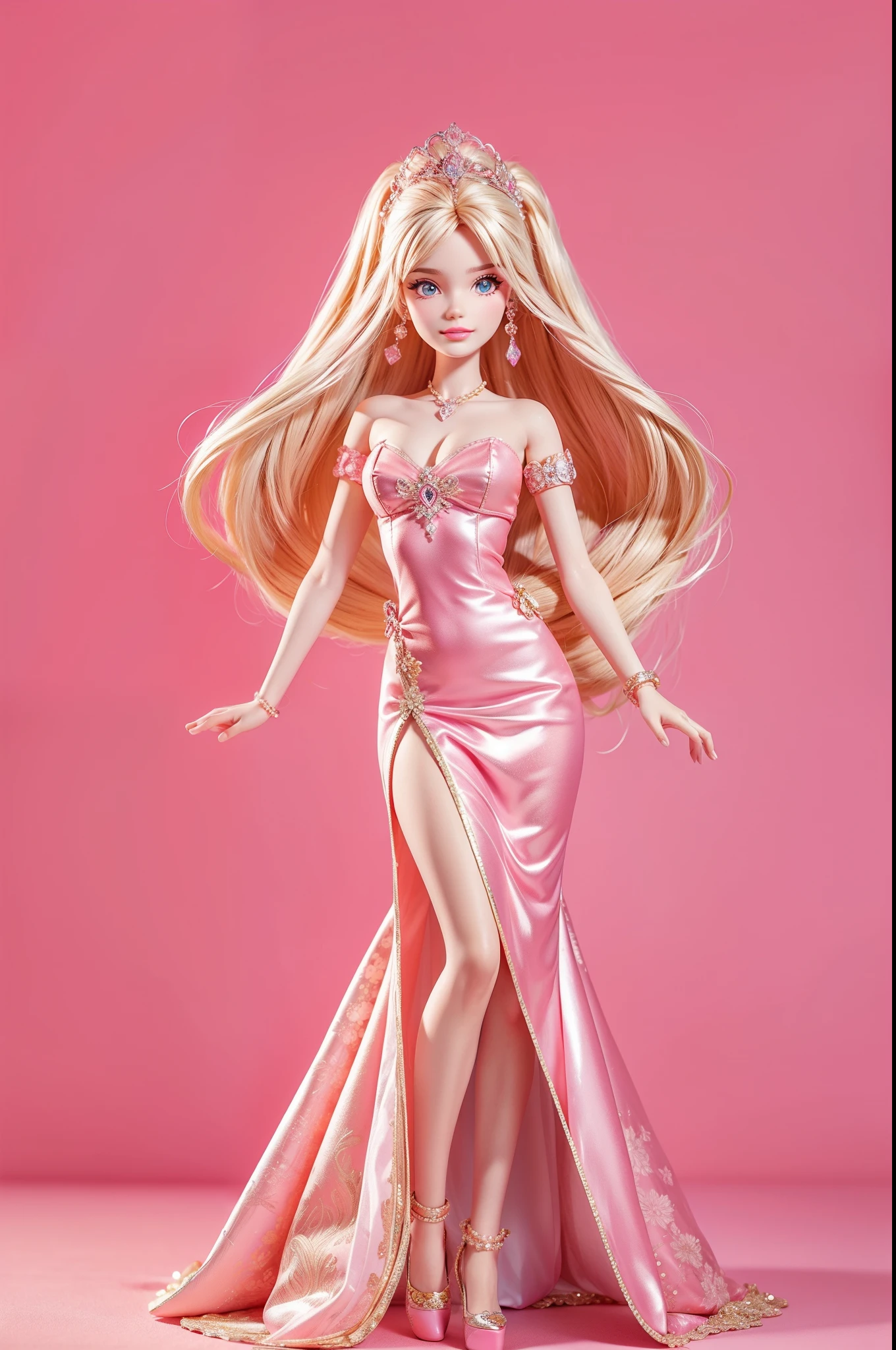 （Barbie pink background）），barbiecore，A princess，cabellos largos dorados，Kizi，delicated face,full body,