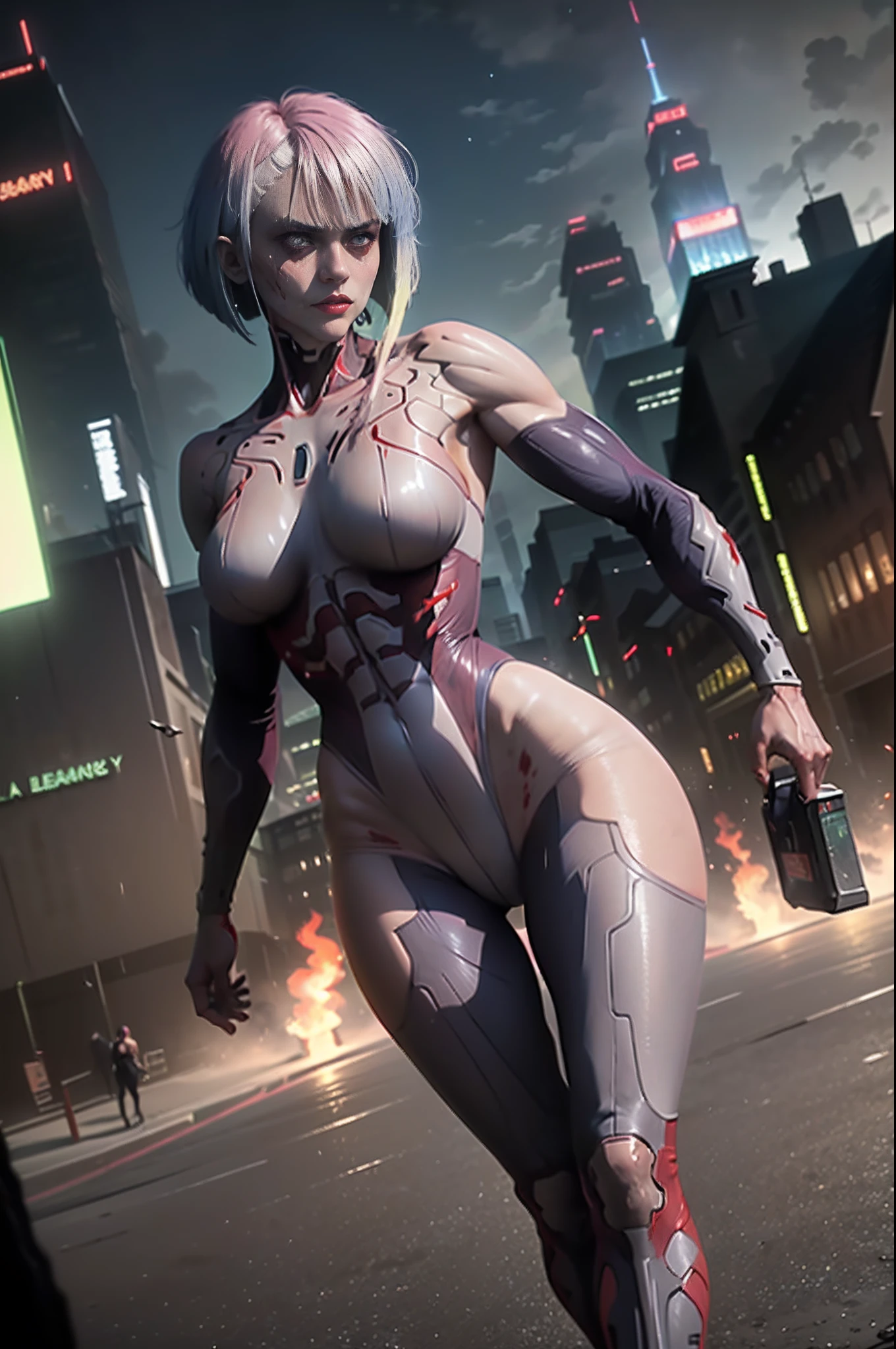 masterpiece, best quality,  solo, 1girl, female titan, lu1, scar, blood, giant, giantess, muscular, cyborg, multicolored hair, makeup, bare shoulders, black leotard, highleg leotard, thong, cyberpunk, train, walking, cowboy shot,