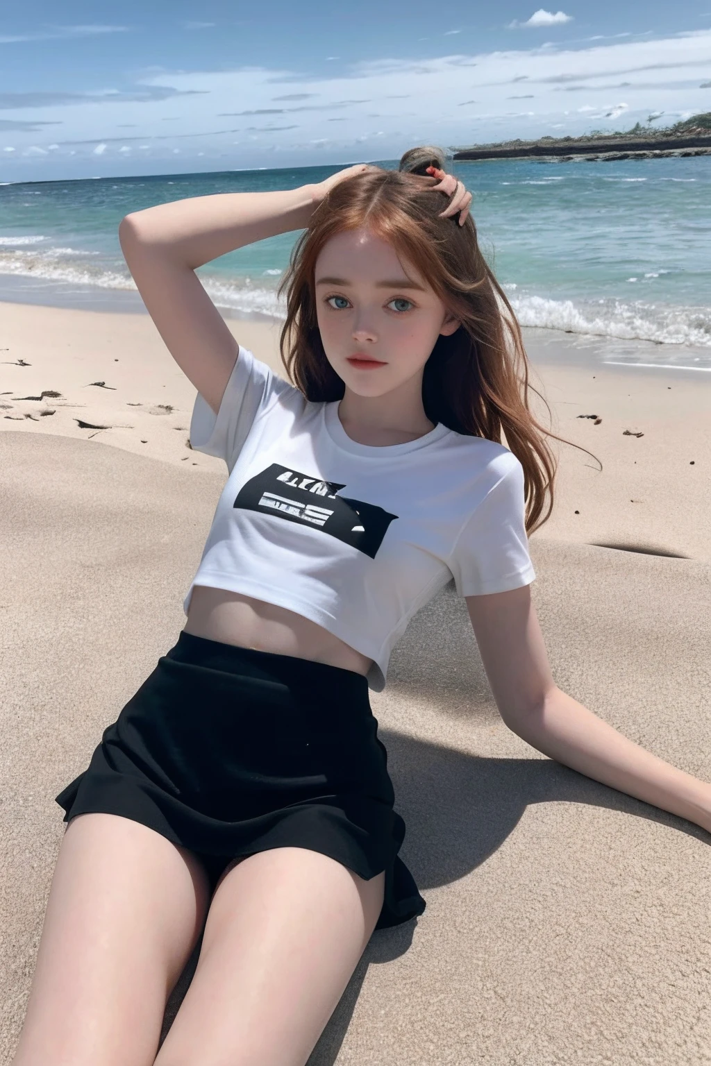Cute Sadie Sink in a black skirt and white bikini t-shirt and tights lying on her stomach with her legs raised on the beach