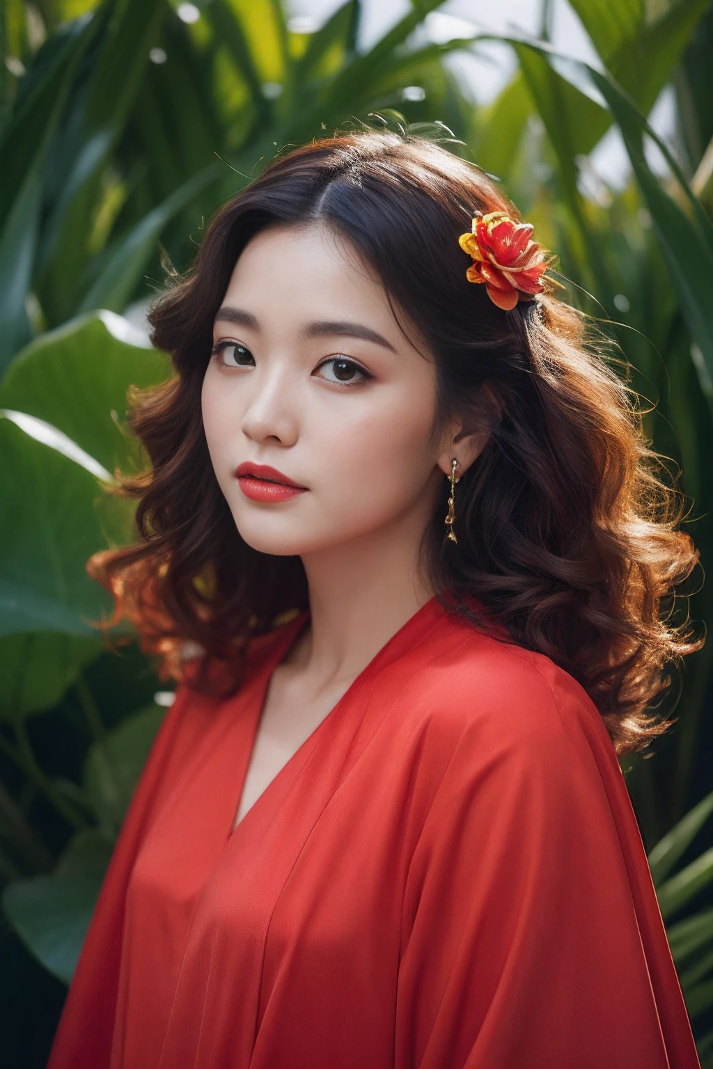 32K(tmasterpiece,k hd,hyper HD,32K)Flowy large curly hair,Flowing rouge,ponds,zydink, a color, Asian people (Silly girl), (Silk scarf), Combat posture, looking at the ground, Large rolls of rouge, Flowing rouge curls, Crocodile skin skull headdress, Chinese long-sleeved clothing, (abstract ink splash:1.2), Pink lotus background,Water lily flower protector(realisticlying:1.4),Rouge hair,Autumn is in full swing,The background is pure, A high resolution, the detail, RAW photogr, Sharp Re, Nikon D850 Film Stock Photo by Jefferies Lee 4 Kodak Portra 400 Camera F1.6 shots, Rich colors, ultra-realistic vivid textures, Dramatic lighting, Unreal Engine Art Station Trend, cinestir 800,Large curls,Flowing rouge