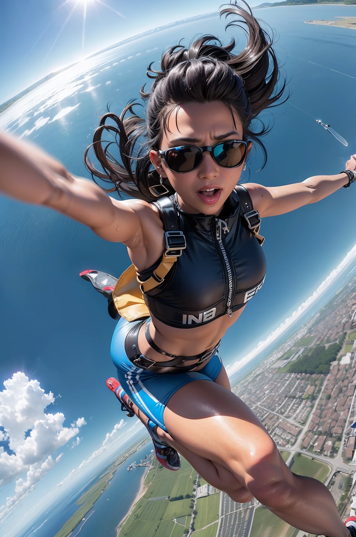 arafed woman in a bikini top and sunglasses is flying through the air, taken on go pro hero8, shot on gopro9, skydiving, gopro footage, gopro shot of the hell, gopro photo, shot with a gopro, extreme low angle shot, flying towards the camera, gopro shot, high quality action photography, low - angle go - pro view