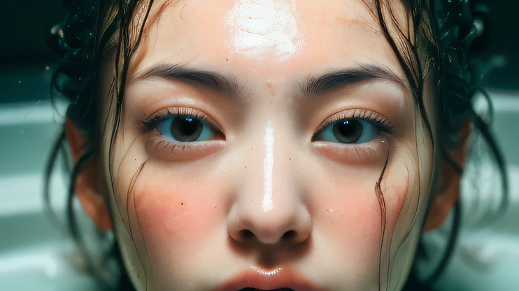 ((top quality, 8k, masterpiece: 1.3)), woman (naked in hot springs), sweating, water droplets on forehead of face, outdoors, background urban cityscape, overhead camera, sharp focus: 1.2, cute woman: 1.4, (((layered haircut)), (white shirt), very detailed face and skin and hair texture, knotted black hair, wet texture hair, wet body, detailed eyes, Double eyelids, white skin, beautiful legs, beautiful delicate nose, cute young Japan woman, 28 years old, with dynamic angles, it is pleasing to the eye and suggestive composition, while emphasizing the subject's hair, eyes, mouth and action, while exuding melancholy emotions characterized by a contrasting mix of calm tones and light and shadow.