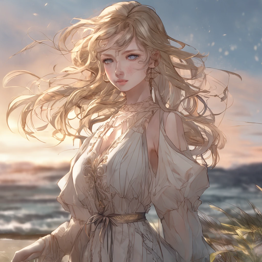 extremely delicate and beautiful girl, retro artstyle, 1990s, faux traditional media, game_cg, front view, focus on eyes, head_tilt, beautiful detailed fullbody, girl,woman,female, young,20 years old, medium hair, wavy hair, wept bangs, eyes visible through hair, blonde hair, long hair flowing with the wind, delicate and delicate face, light smile, bright eyes, parted_lips, outdoors, outdoors, gradient_background, blurry_background, wallpaper, absurdres, very fine 8K CG wallpaper,