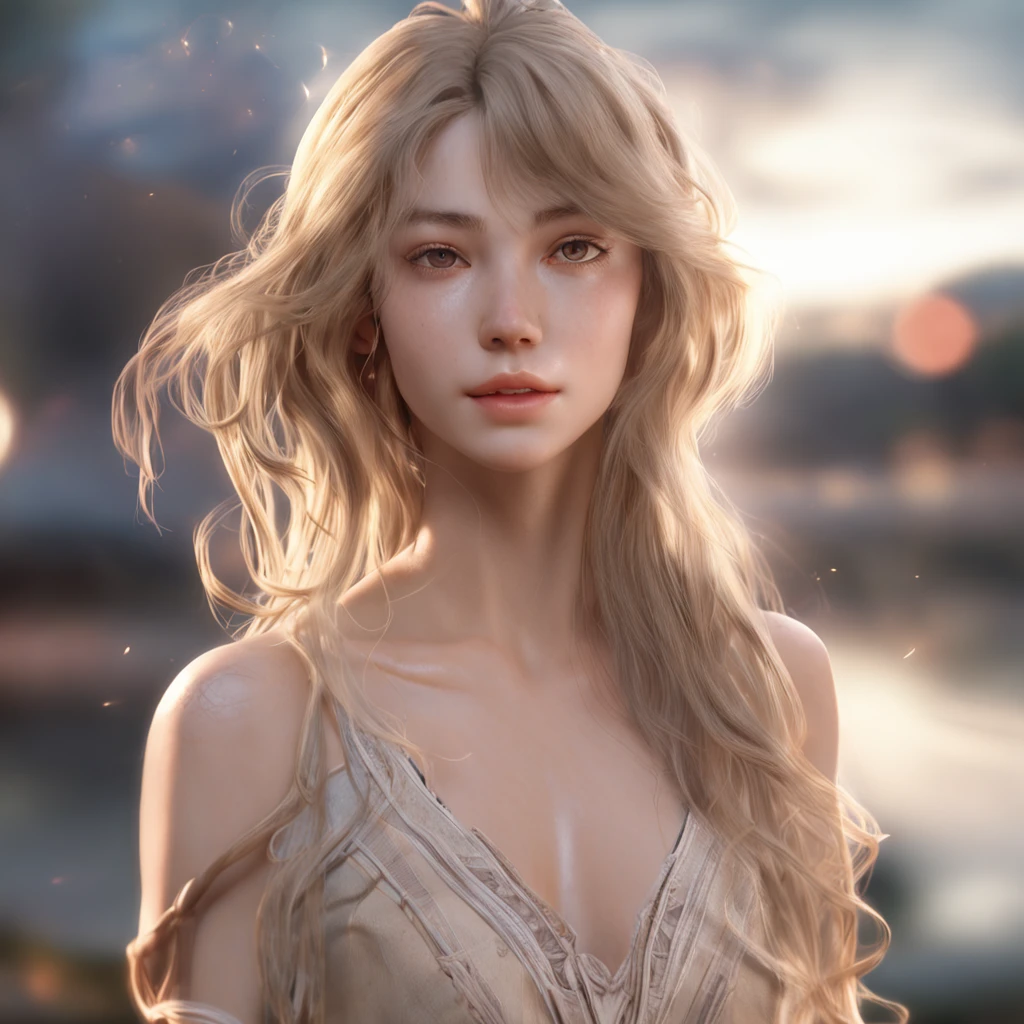 extremely delicate and beautiful girl, retro artstyle, 1990s, faux traditional media, game_cg, front view, focus on eyes, head_tilt, beautiful detailed fullbody, girl,woman,female, young,20 years old, medium hair, wavy hair, wept bangs, eyes visible through hair, blonde hair, long hair flowing with the wind, delicate and delicate face, light smile, bright eyes, parted_lips, outdoors, outdoors, gradient_background, blurry_background, wallpaper, absurdres, very fine 8K CG wallpaper,