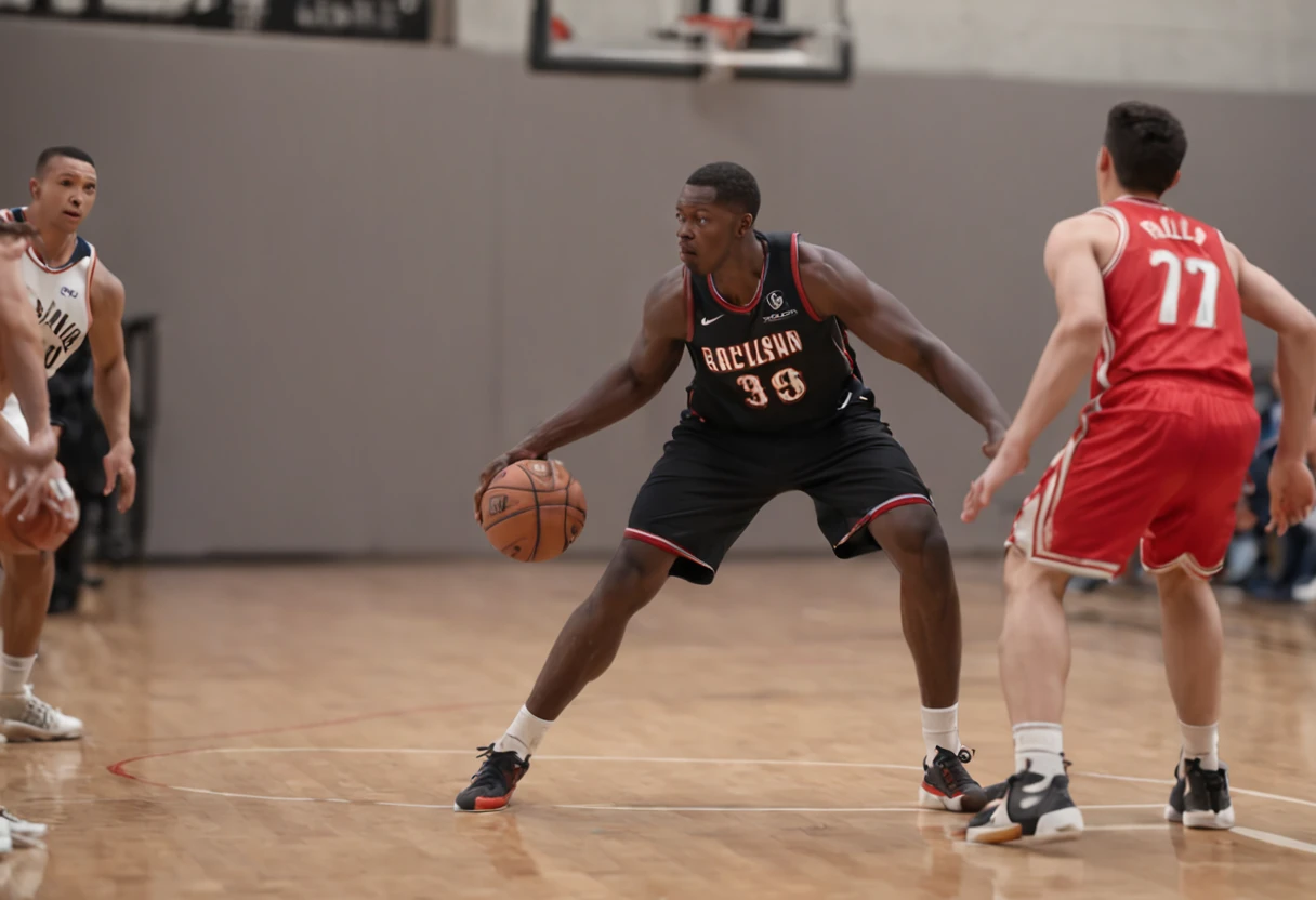 A game scene where players use only their hips and knees to pass the ball through a hoop, no hand duplicates, no face duplicates, no body duplicates, single image