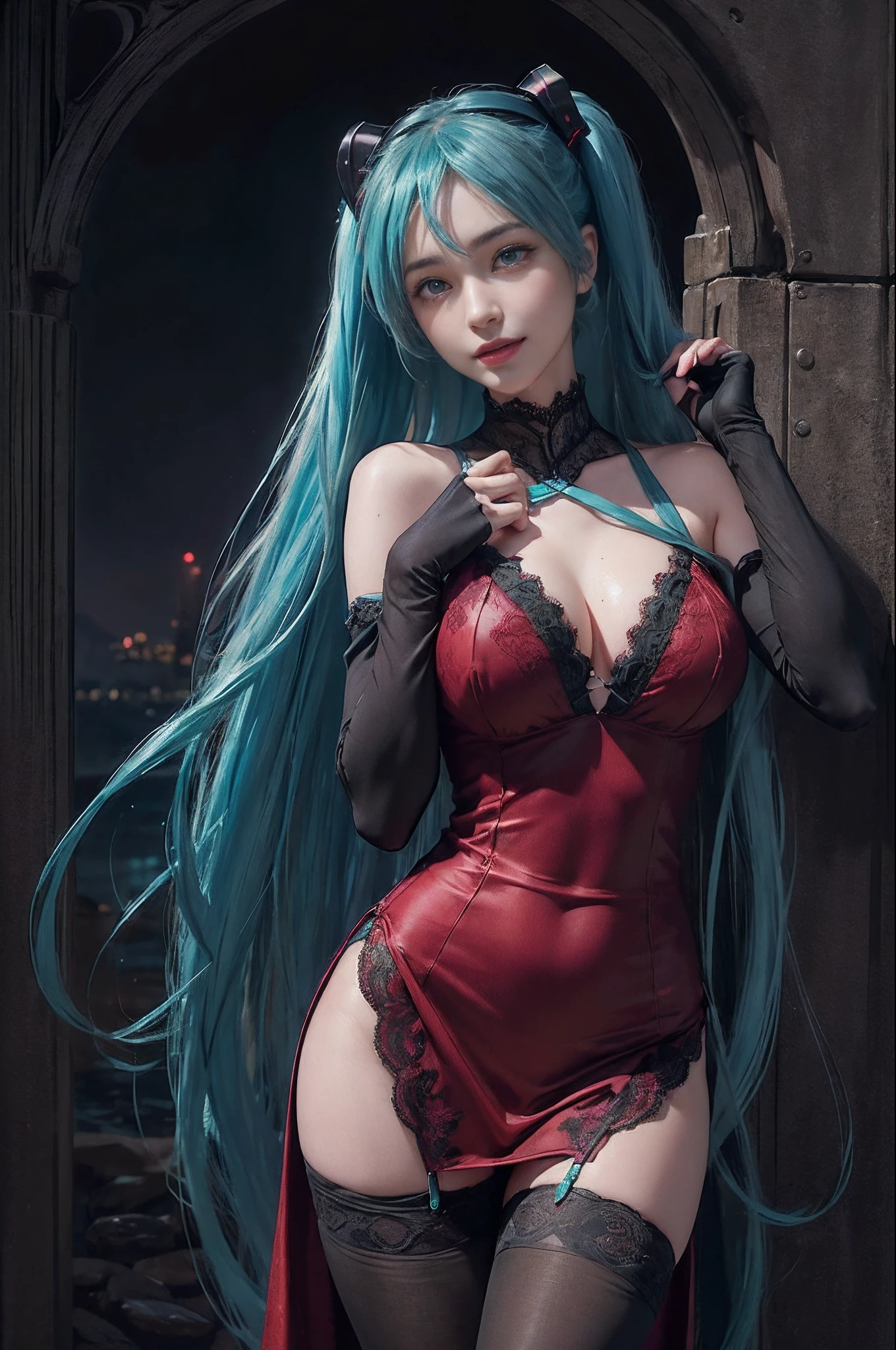 (((hatsune miku charakter))), (((tosca hair color))), ((long twin tail hair with pony)), looking at the view, eyes on the view, (((perfect eyes))), (((smile))), 21 years old girl, perfect body, (((perfect anatomy))), tosca eyes color, double eyelids, (((huge breasts))), Highly detailed skin texture, (Realistic skin), Ultra-Detailed Face, Detailed Lips, (((Detailed Eyes))), (((Double Eyelids))), nacklaces, wet skin, wet hair, simple background, (front focus), (in the dark:1.6), (((night vibe))), deep dark, Hyperrealist portrait of female by david hockney and alphonse mucha, fantasy art, (((photo realistic))), ((dynamic pose)), (((world model pose))), dynamic lighting, artstation, poster, volumetric lighting, very detailed faces, 4 k, in the dark, (((night vibe))), ((deep shadow)), low key, cowboy shot, (((red long dress))), lighting dress, (((erotic lace dress))), (((stockings)))