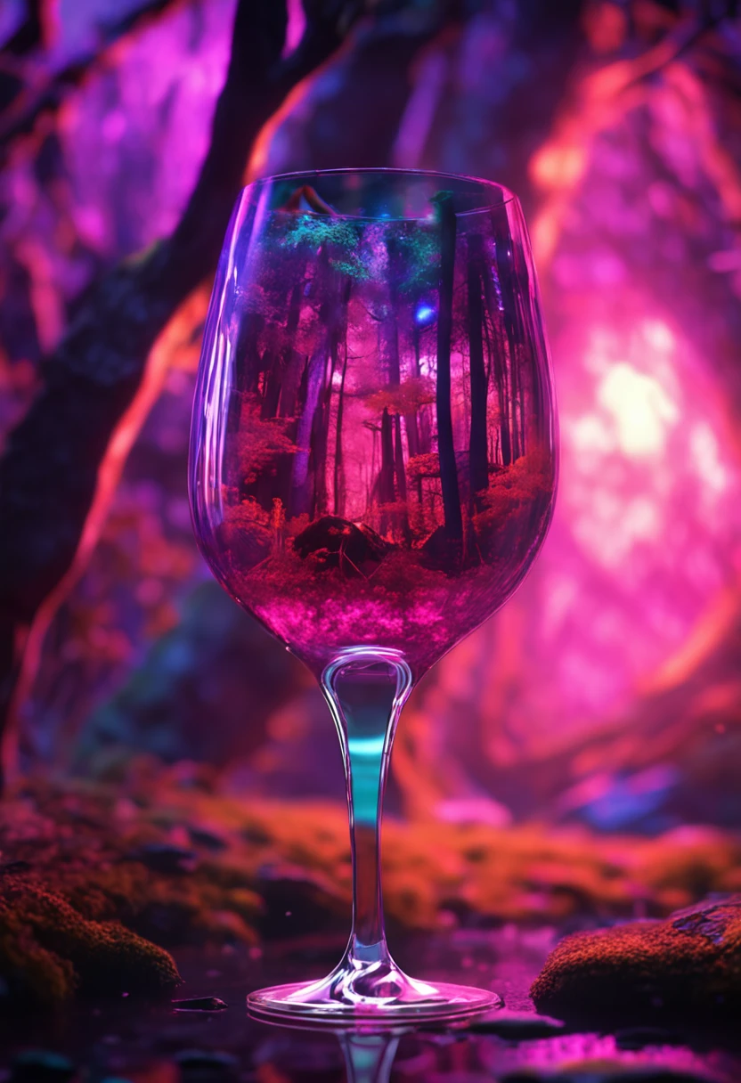 Fantasy forest in a wine glass, neonlight, Realistic, Glow