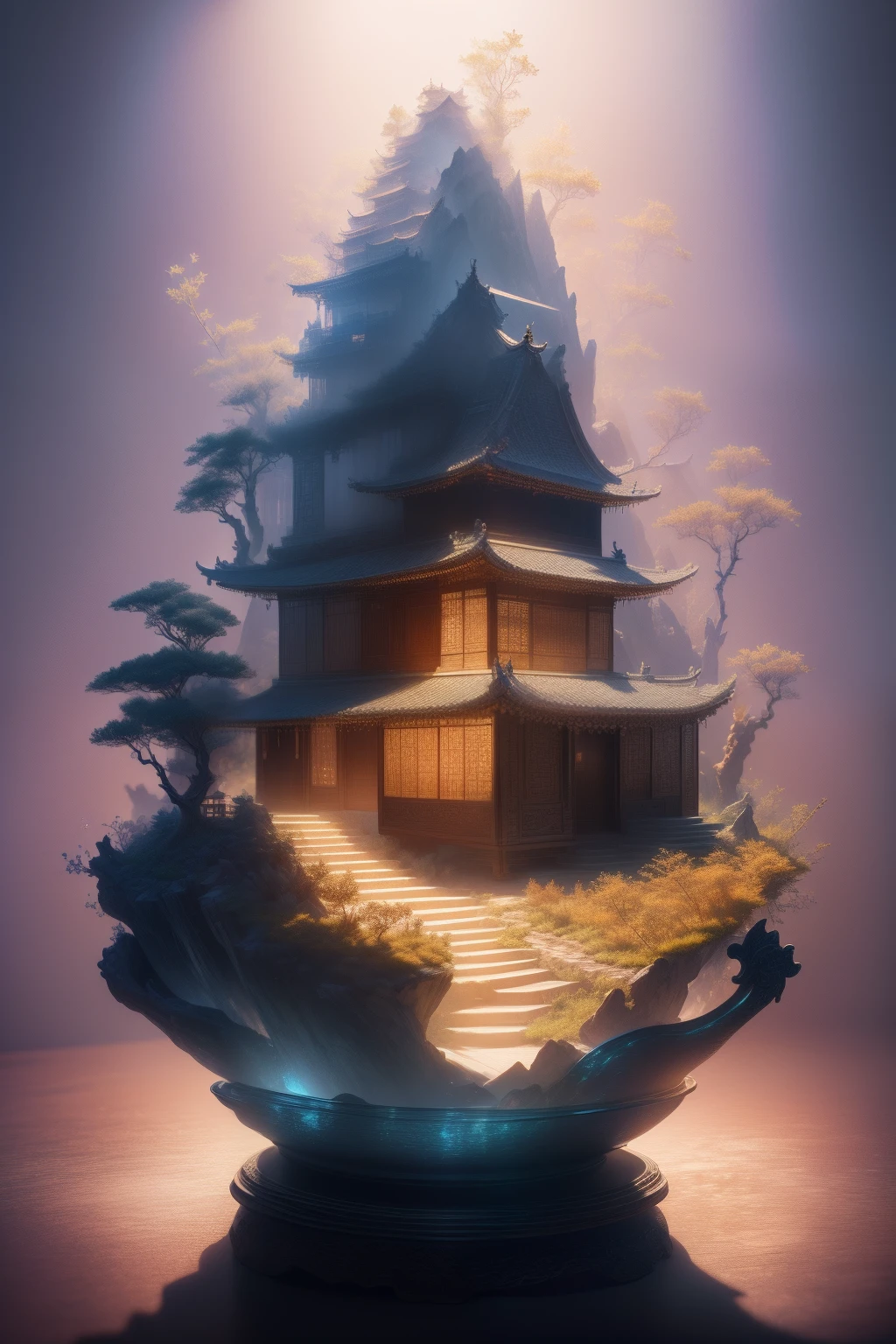 best quality, realistic, photorealistic, ultra detailed, Miniature landscape，Chinese architecture，Immortal Mansion， ceramics, Ultra wide angle,Accent Lighting,Volumetric Lighting,backlighting, (detailed light),((an extremely delicate and beautiful)),dramatic_shadow,ray_tracing,hdr