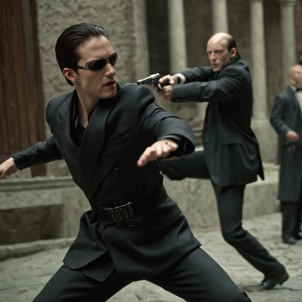 they are two men in suits fighting with each other in a courtyard, in the matrix movie 1999, agents from The Matrix movie, facing off in a duel, from the new the matrix movie, Matrix, action movie scene, action scene from film, neo from the matrix, agent from matrix, action scene, cinematic action shot, movie action still frame