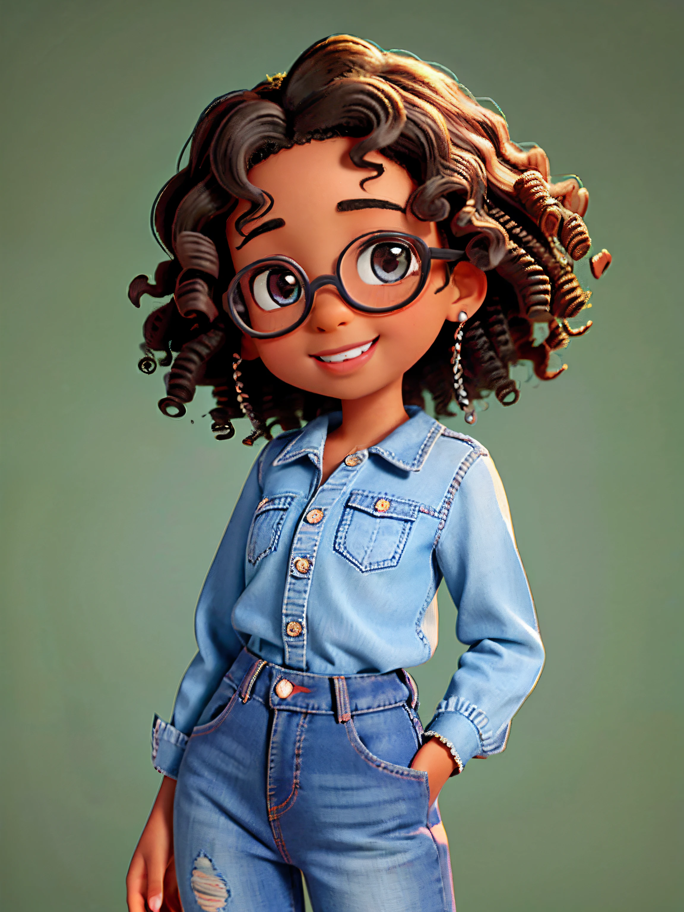 Black girl, curly hair, blue shirt, jeans onepiece, beeautiful curly hair, beautiful face, wearing delicate glasses, Brown curly hair, honey colored eyes, beautiful, romantic, looking at the camera, Green Screen background, full body, delicate face, smile, intricate detail, 4k, high resolution, Pixar Cartoon style picture