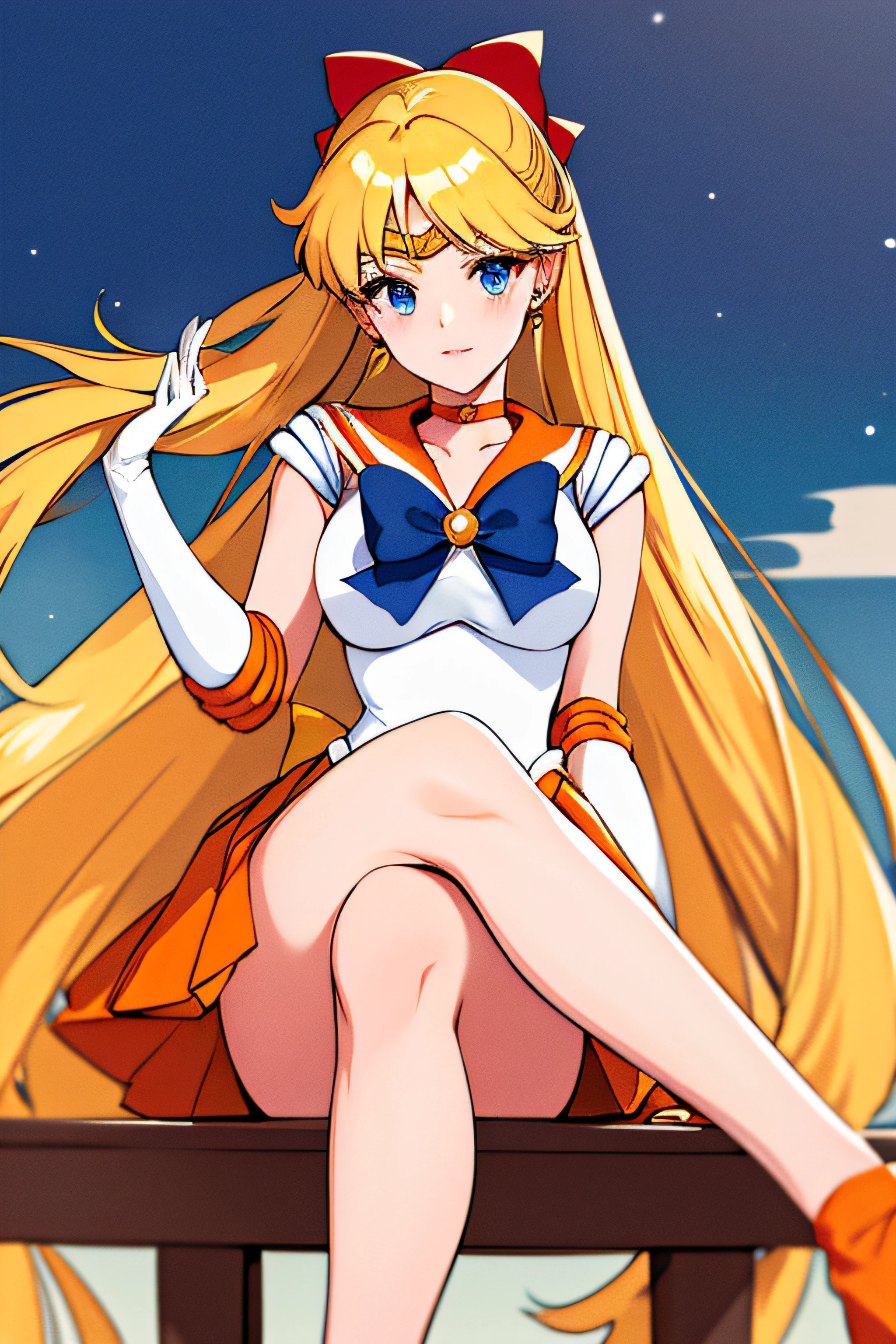 masterpiece, best quality, highres, venus1, 1girl, solo, sailor senshi uniform, sailor venus, aino minako, blonde hair, magical girl, blue eyes, orange skirt, elbow gloves, tiara, pleated skirt, hair bow, orange sailor collar, miniskirt, choker, red bow, orange choker, white gloves, very long hair,  jewelry,  earrings, sitting, crossed legs,