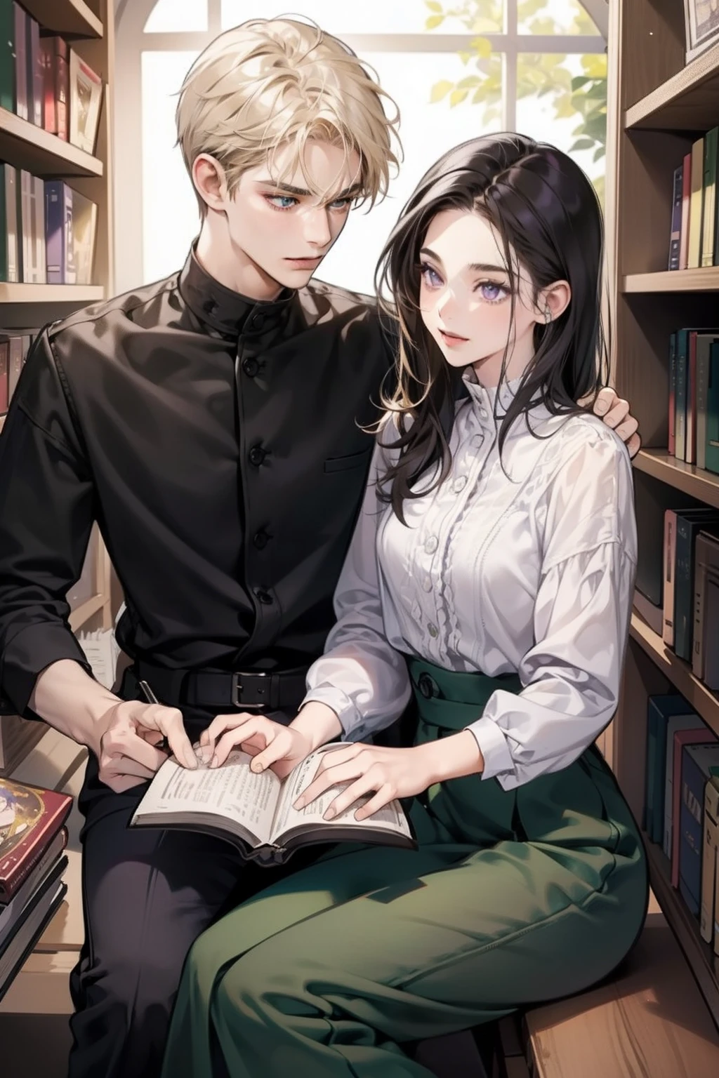 masterpiece, best quality, Practical, In the library of Alcott Manor,Alex and Nicholas share a quiet corner。A tradition of sharing book pages led Alex to《the art of love》Pass to Nicholas。When Nicholas read the verses,their relationship deepens,leading to an intimate kiss,Their emotions echoed in the silent night, (absurd, High resolution, Super detailed), facial details,Delicate and meticulous, 8K, Reality, Dramatic Lighting, high quality, Complex design, enlarged texture, Exquisite details