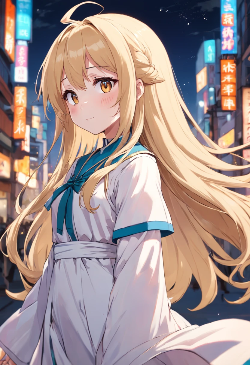 a cartoon drawing of a blonde haired girl with long hair, blonde anime girl with long hair, [[[[grinning sweetly]]]], anime girl named lucy, gapmoe, in an anime style, flat anime style shading, anime girl with long hair, cel - shaded art style, anime moe artstyle, loli in white dress
