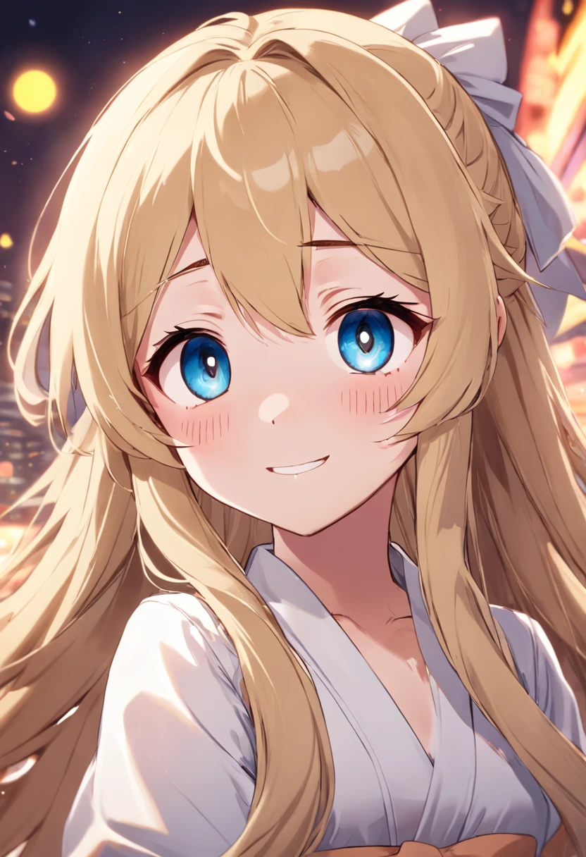 a cartoon drawing of a blonde haired girl with long hair, blonde anime girl with long hair, [[[[grinning sweetly]]]], anime girl named lucy, gapmoe, in an anime style, flat anime style shading, anime girl with long hair, cel - shaded art style, anime moe artstyle, li in white dress