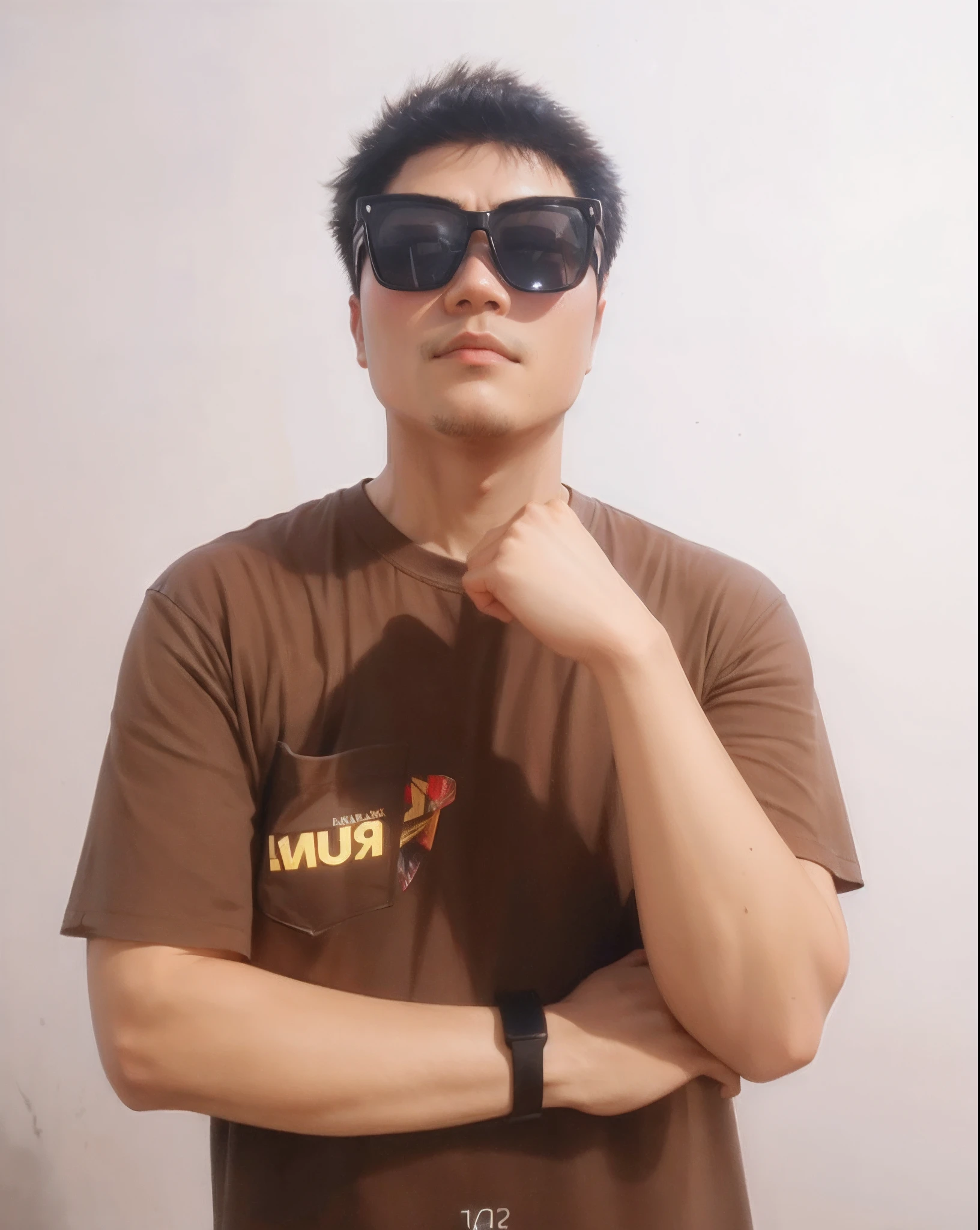 There was a young Chinese man wearing sunglasses and a brown shirt, with sunglass, Wearing sunglasses, With sunglasses, wearing big black circle glasses, Wearing cool sunglasses, looking heckin cool and stylish, with a cool pose, wearing glack glasses, with accurate face, Thick sunglasses, profile picture 1024px, Abrasion rays - the use of glass is prohibited, Shot in cyberpunk style on the Nikon Z9