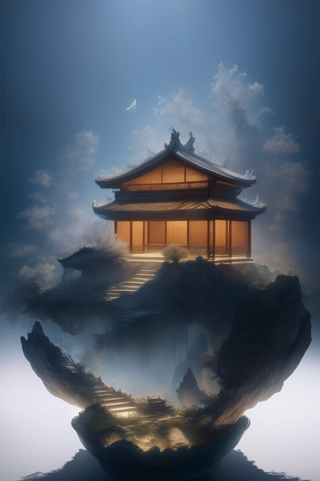best quality, realistic, photorealistic, ultra detailed, Miniature landscape,Chinese architecture,Immortal Mansion, ceramics, Ultra wide angle,Accent Lighting,Volumetric Lighting,backlighting, (detailed light),((an extremely delicate and beautiful)),dramatic_shadow,ray_tracing,hdr