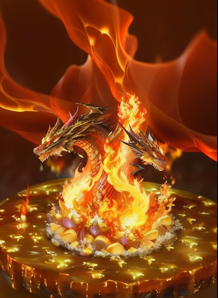 A flame rises from a bowl of food,There are three dragons on it, fire flaming dragon serpent, intricate overlay flames imagery, fire flaming serpent, Fire Dragon, Golden embers fly, engulfed in swirling flames, molten, ''dragon breathing fire, Hellfire background, holy fire spell art, ornate with fiery explosions, highly detailed fire tendrils, Glowing flame background