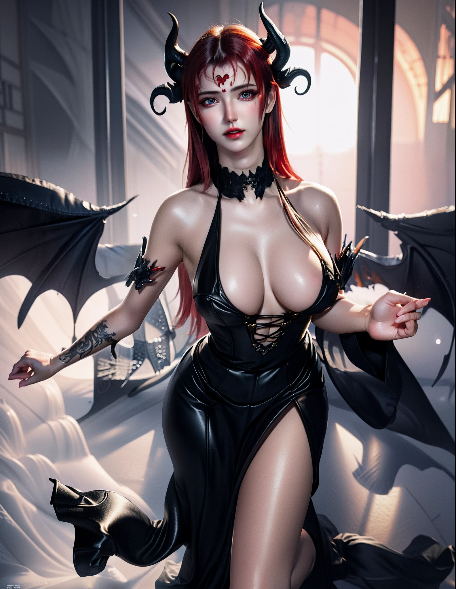 (hyperrealistic:1.25), (illustration), (high resolution), (8K), (extremely detailed), (best illustration), (beautiful detailed eyes), (best quality), (ultra-detailed), (masterpiece), (wallpaper), (photorealistic), (detailed face), high detailed realistic skin texture, anatomically correct, solo, 1girl, (high detailed realistic hair), (red hair:1.3), (heterochromic eyes), (detailed red glowing eyes:1.25), (realistic big breasts:1.3), (cleavage), (exposed breasts), (bare shoulders), (long legs), (slender abs), (dynamic pose), (closed lips:1.3), (full body), nsfw, absurdres, highres, ultra detailed, eyeliner, sideboob, narrow waists, huge demon wings, long and big devil horns, tattoo, detail background Darkness Empire Palace, FireMagicAI, intricate, Full moon, demon girl, devil, demon armor, devil armor,