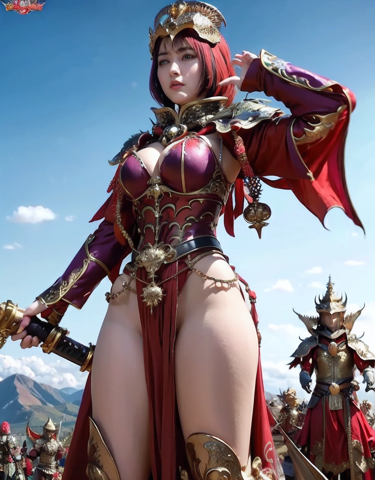 Professional , ​masterpiece、top-quality、photos realistic , depth of fields 、（Dragon Red Metal Body:1.９),(Enamel purple、（cleavage of the breast）、Mystical expression、Dragon Gold Weapon、（Red Micro Bikini Armor:1.４),Gorgeous gold weapons ,（（ Dragon's dense and gorgeous sword）） , （demonic wings）、（（a blond））、（Castle background）、（（Gangle's forest background））、（（Fight dragons））、Beautiful Caucasian beauty、１a person、dynamic ungle,(((Detailed and ornate dragon helmet)))、Smaller head、A smile、Castle background、Thin and beautiful female hands、cleavage of the breast、Soldier in iron armor on background、Mystical expression、Light Effects、intense fighting、Wind-effect、magic circles、With the legendary magic wand、Dragon's tail、explosions、Anatomically correct body、