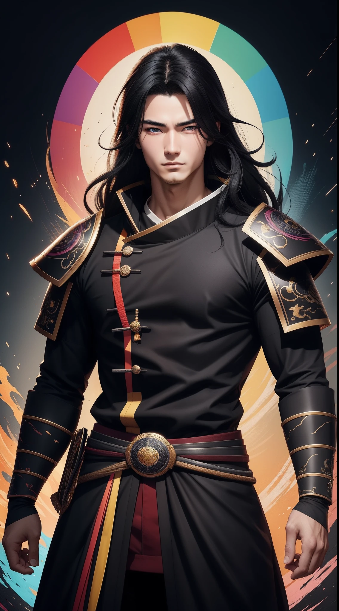 "Cheerful Madara 20 years old is a real masterpiece with masculine beauty, perfect anatomy. Olpntng style, colorful rainbow, black samurai outfit, clean design, epic Instagram, artstation, full streaks of colored paint, circles, outlines. When you look at his beautiful eyes, you will clearly see every little detail and perfect line, every detail on the skin is beautiful in 8K quality, people We will be captivated by the confidence radiating from every look. His head has black hair and his face is drawn meticulously in every detail with 8K image quality.''