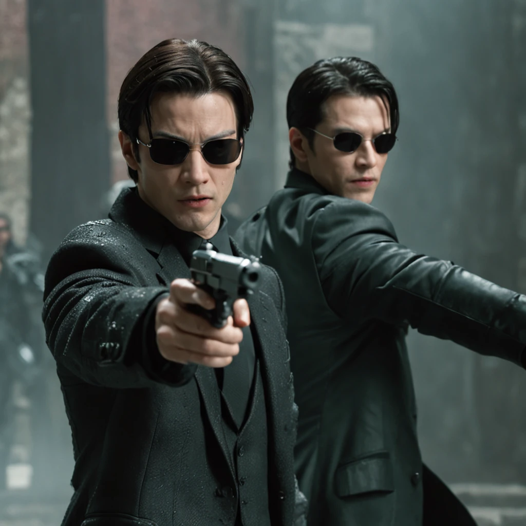 (professional 3d render:1.3) af (Realistic:1.3) most beautiful artwork photo in the world of two men in suits fighting with each other in a courtyard, in the matrix movie 1999, agents from The Matrix movie, facing off in a duel, from the new the matrix movie, Matrix, action movie scene, action scene from film, neo from the matrix, agent from matrix, action scene, cinematic action shot, movie action still frame, perfect body,