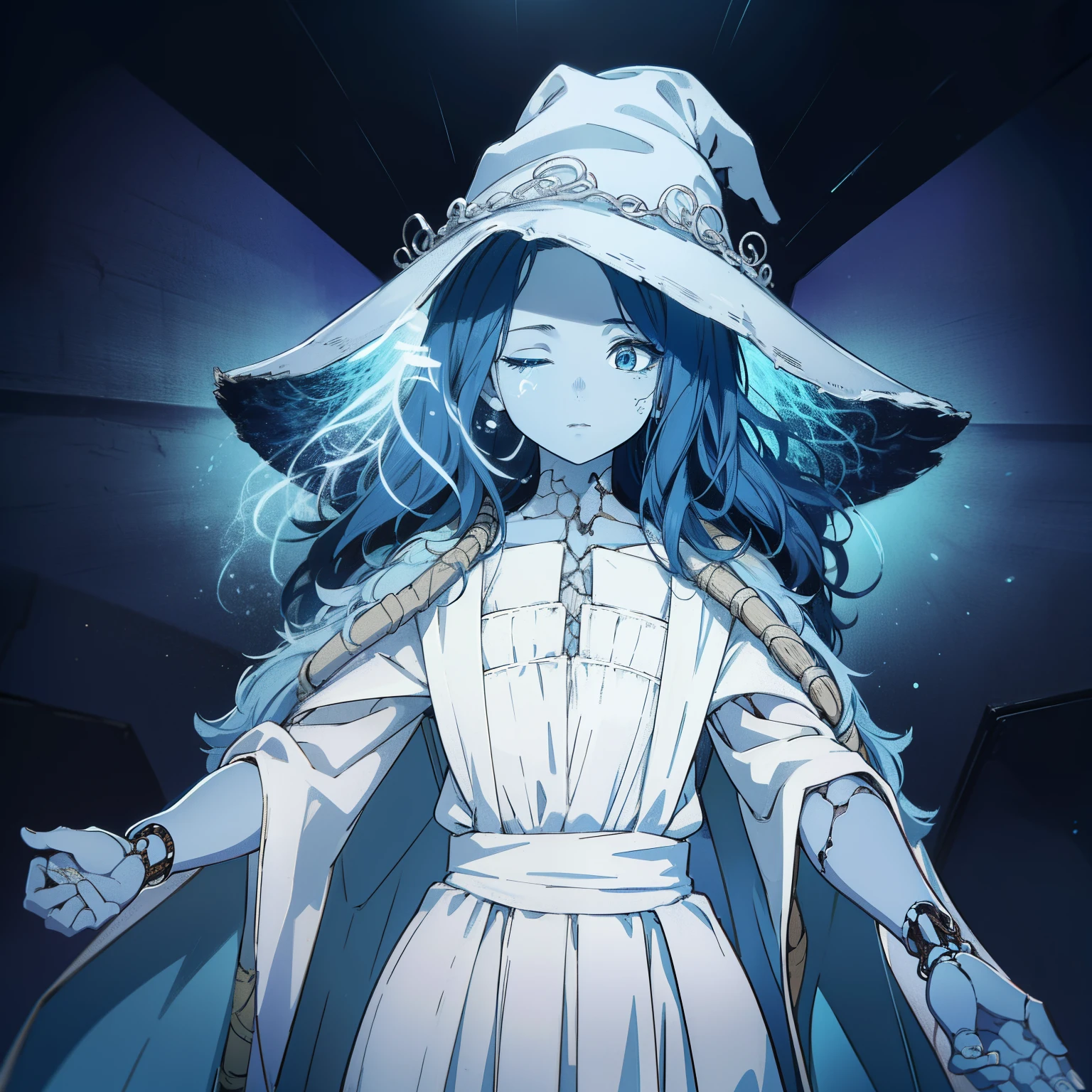 Ranni, 1girl, wavy hair, blue skin, cracked skin, ((extra arms)), extra faces, doll, joints, doll joints, white dress, hat, cloak, extra arms, blue hair, wavy hair, blue eyes, perfect anatomy, solo