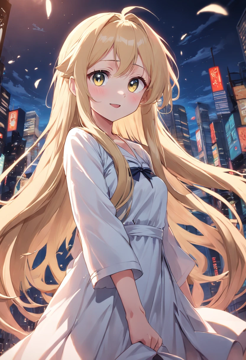 a cartoon drawing of a blonde haired girl with long hair, blonde anime girl with long hair, [[[[grinning sweetly]]]], anime girl, gapmoe, in an anime style, flat anime style shading, anime girl with long hair, cel - shaded art style, anime moe artstyle, li in white dress, beautiful, 4k cinematic anime