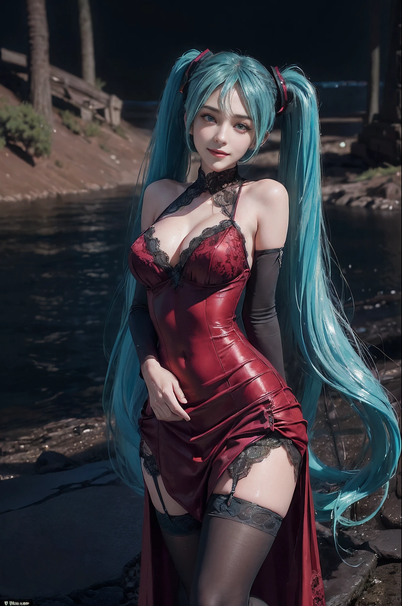 (((hatsune miku charakter))), (((tosca hair color))), ((long twin tail hair with pony)), looking at the view, eyes on the view, (((perfect eyes))), (((smile))), 21 years old girl, perfect body, (((perfect anatomy))), tosca eyes color, double eyelids, (((huge breasts))), Highly detailed skin texture, (Realistic skin), Ultra-Detailed Face, Detailed Lips, (((Detailed Eyes))), (((Double Eyelids))), nacklaces, wet skin, wet hair, simple background, (front focus), (in the dark:1.6), (((night vibe))), deep dark, Hyperrealist portrait of female by david hockney and alphonse mucha, fantasy art, (((photo realistic))), ((dynamic pose)), (((world model pose))), dynamic lighting, artstation, poster, volumetric lighting, very detailed faces, 4 k, in the dark, (((night vibe))), ((deep shadow)), low key, cowboy shot, (((red long dress))), lighting dress, (((erotic lace dress))), (((stockings)))