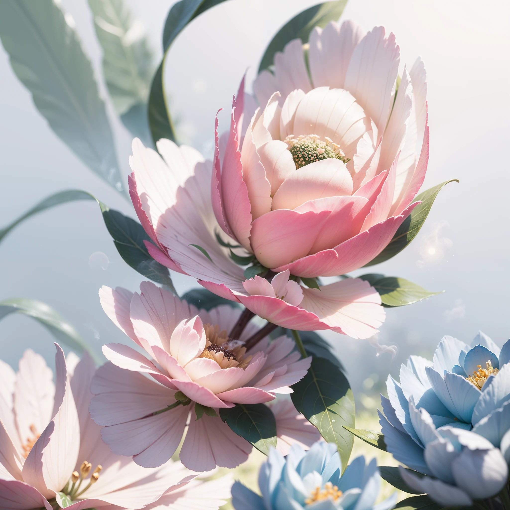 Masterpiece , macro photography , cobweb, filmgrain, Bokeh , green smoke , Highly detailed, Sunny weather, Microflower, Shine, bblurry, Realistic close-up of crystal roses and furry peonies, Azure background, subdued contrasts, rendering by octane ,