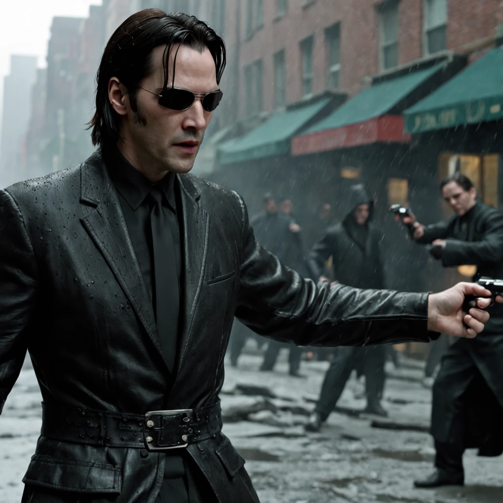 a full-length cinematic HDR still shot of Keanu Reeves as Neo fighting Agent Smith in "The Matrix" film from 1999:
"Create a professional 3D render with a Realistic:1.3 approach, capturing one of the most iconic moments in cinematic history. The scene features the legendary Keanu Reeves as Neo, engaged in an epic battle against Agent Smith in the Matrix. Neo, our hero, embodies the classic fantasy muscle man archetype with his powerful build, long hair, short beard, and a ferocious expression frozen in a dynamic pose. His skin should showcase realistic skin pores.
The environment is a fantastic, otherworldly location, characterized by its majestic, cluttered surroundings. The lighting is very dark, with heavy shading to enhance the drama and intensity of the moment. The focus should be sharp and detailed, ensuring that every aspect of the scene is captured in glorious 8K resolution.